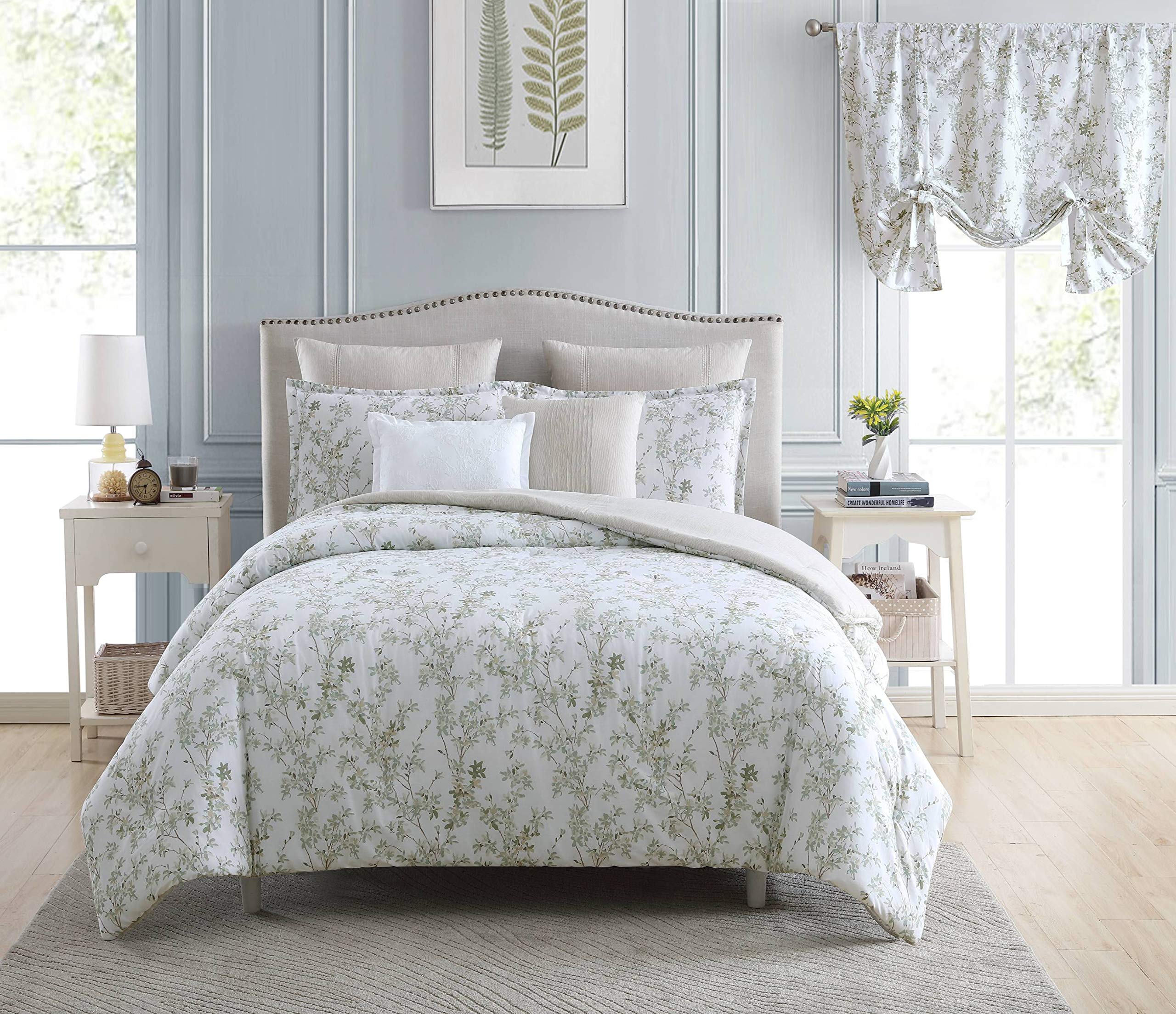 Laura Ashley- King Comforter Set, Cotton Reversible Bedding Set, Includes Matching Shams with Bonus Euro Shams & Throw Pillow Covers (Branch Toile Blue, King)
