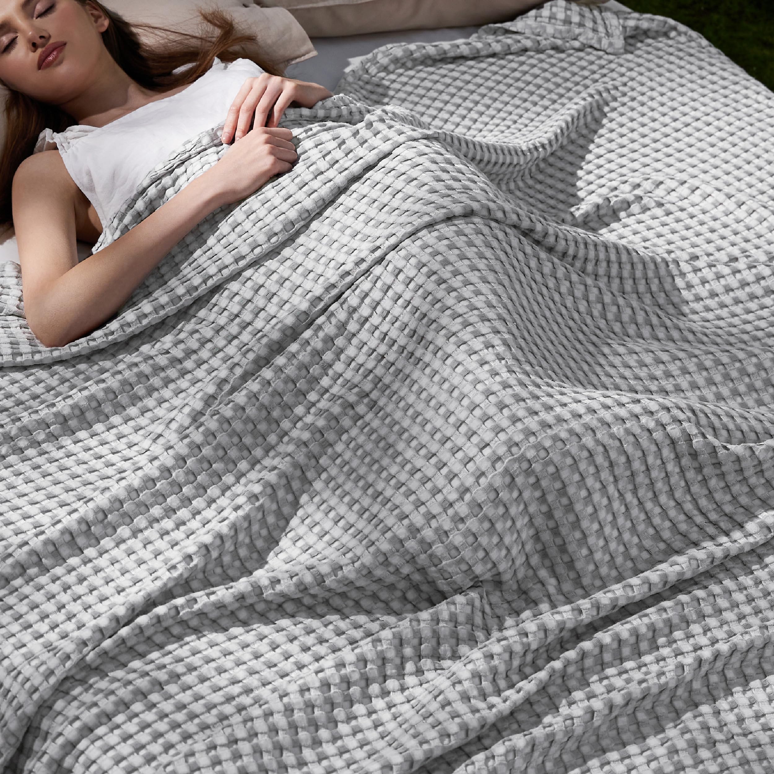 Bedsure Cooling Waffle Queen Size Blanket - Lightweight Cotton Summer Blanket of Rayon Derived from Bamboo for Hot Sleepers, Luxury Throws for Bed, Couch and Sofa, Ivory, 90x90 Inches