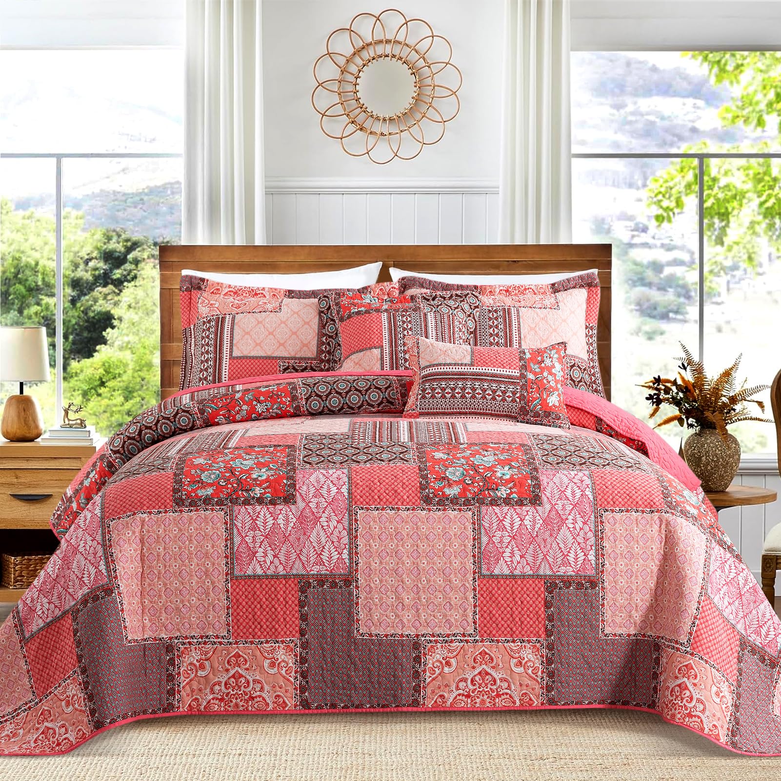 VAPUTAR Quilt King Bedding Set - Soft Cotton Quilts with Paisley Floral Pattern - Lightweight Reversible Bedspreads for Farmhouse (3 Pieces, Bright Teal)
