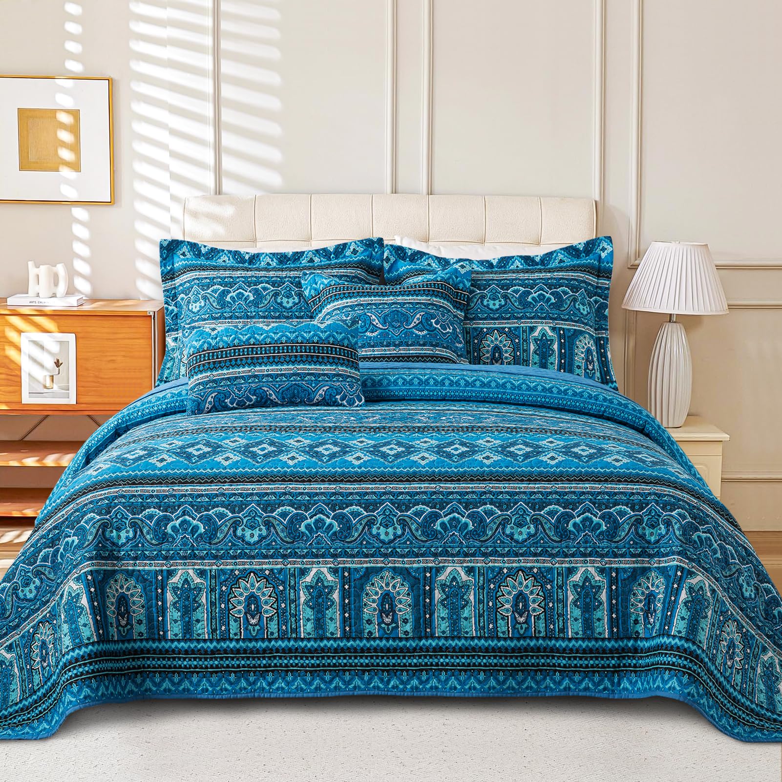 VAPUTAR Quilt King Bedding Set - Soft Cotton Quilts with Paisley Floral Pattern - Lightweight Reversible Bedspreads for Farmhouse (3 Pieces, Bright Teal)