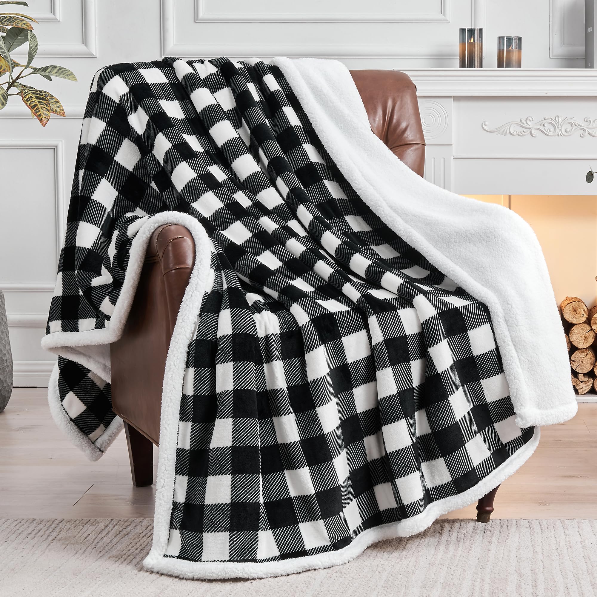 BEDELITE Plaid Fleece Throw Blanket for Couch, Black & White Checkered Flannel Blanket, Cozy & Soft Buffalo Plaid Decor Blanket for Women, Men, 50"x60"