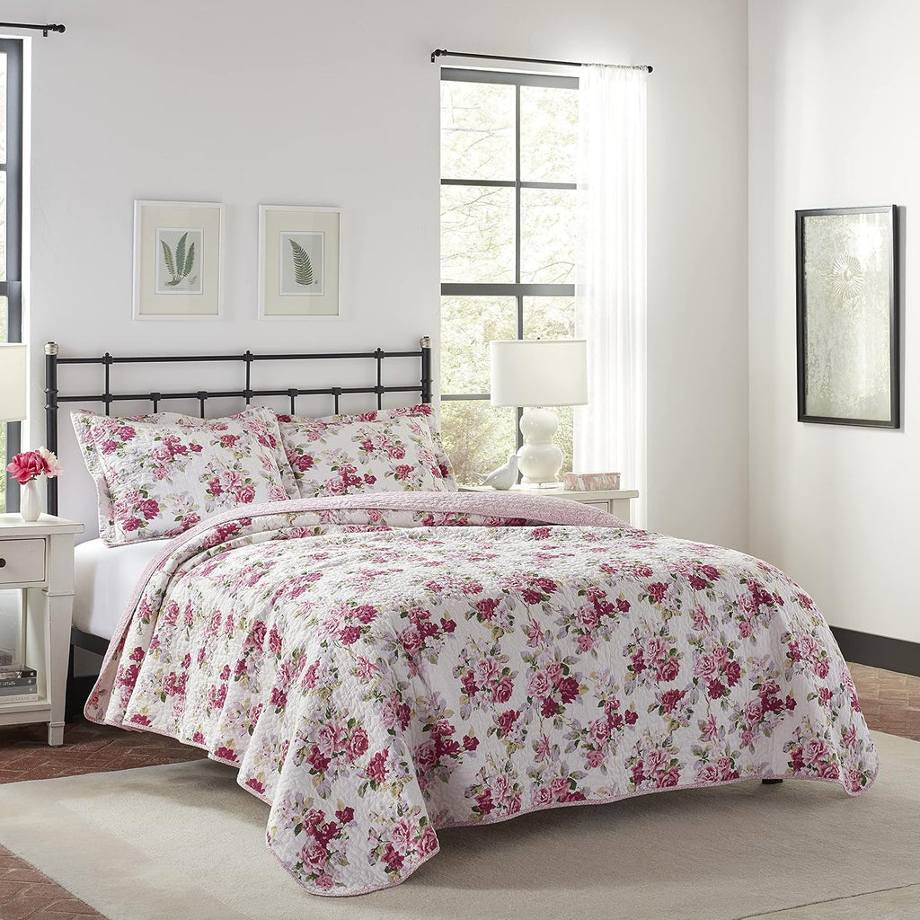 Laura Ashley - Queen Quilt Set, Reversible Cotton Bedding with Matching Shams, Lightweight Home Decor for All Seasons (Lidia Pink, Queen)