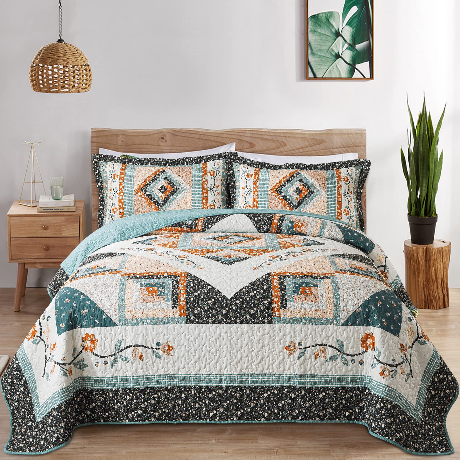 VAPUTAR Quilt King Bedding Set - Soft Cotton Quilts with Paisley Floral Pattern - Lightweight Reversible Bedspreads for Farmhouse (3 Pieces, Bright Teal)