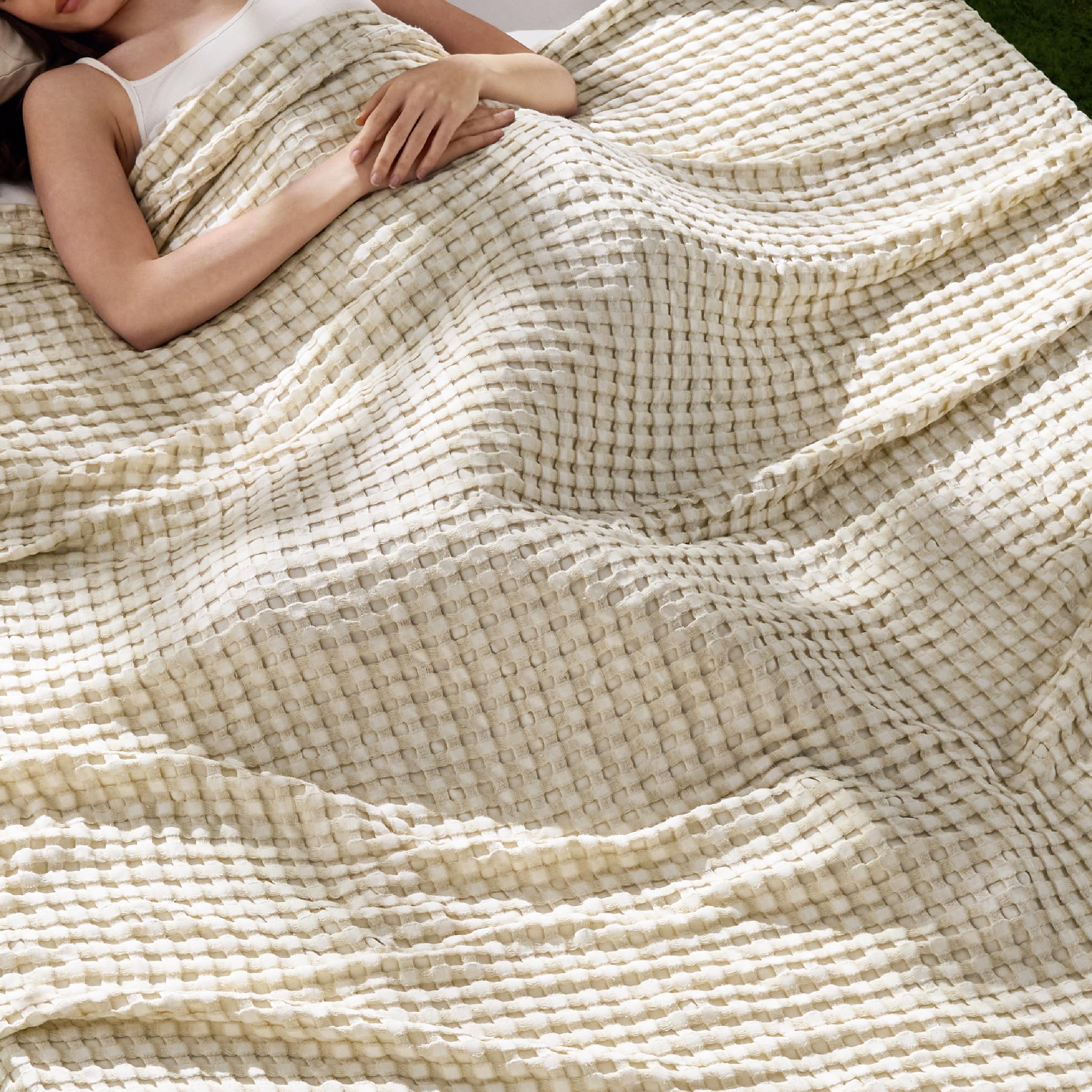 Bedsure Cooling Waffle Queen Size Blanket - Lightweight Cotton Summer Blanket of Rayon Derived from Bamboo for Hot Sleepers, Luxury Throws for Bed, Couch and Sofa, Ivory, 90x90 Inches