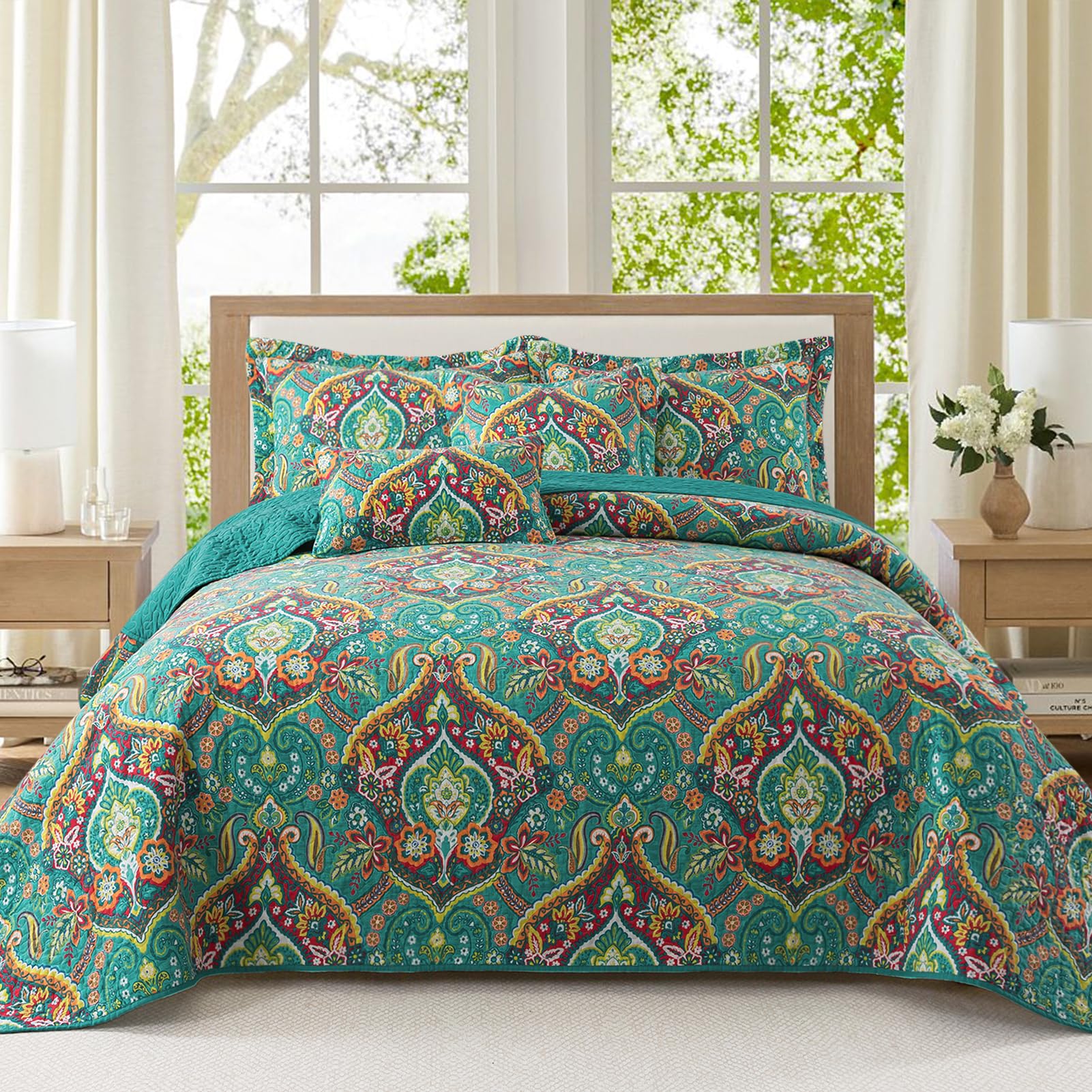 VAPUTAR Quilt King Bedding Set - Soft Cotton Quilts with Paisley Floral Pattern - Lightweight Reversible Bedspreads for Farmhouse (3 Pieces, Bright Teal)