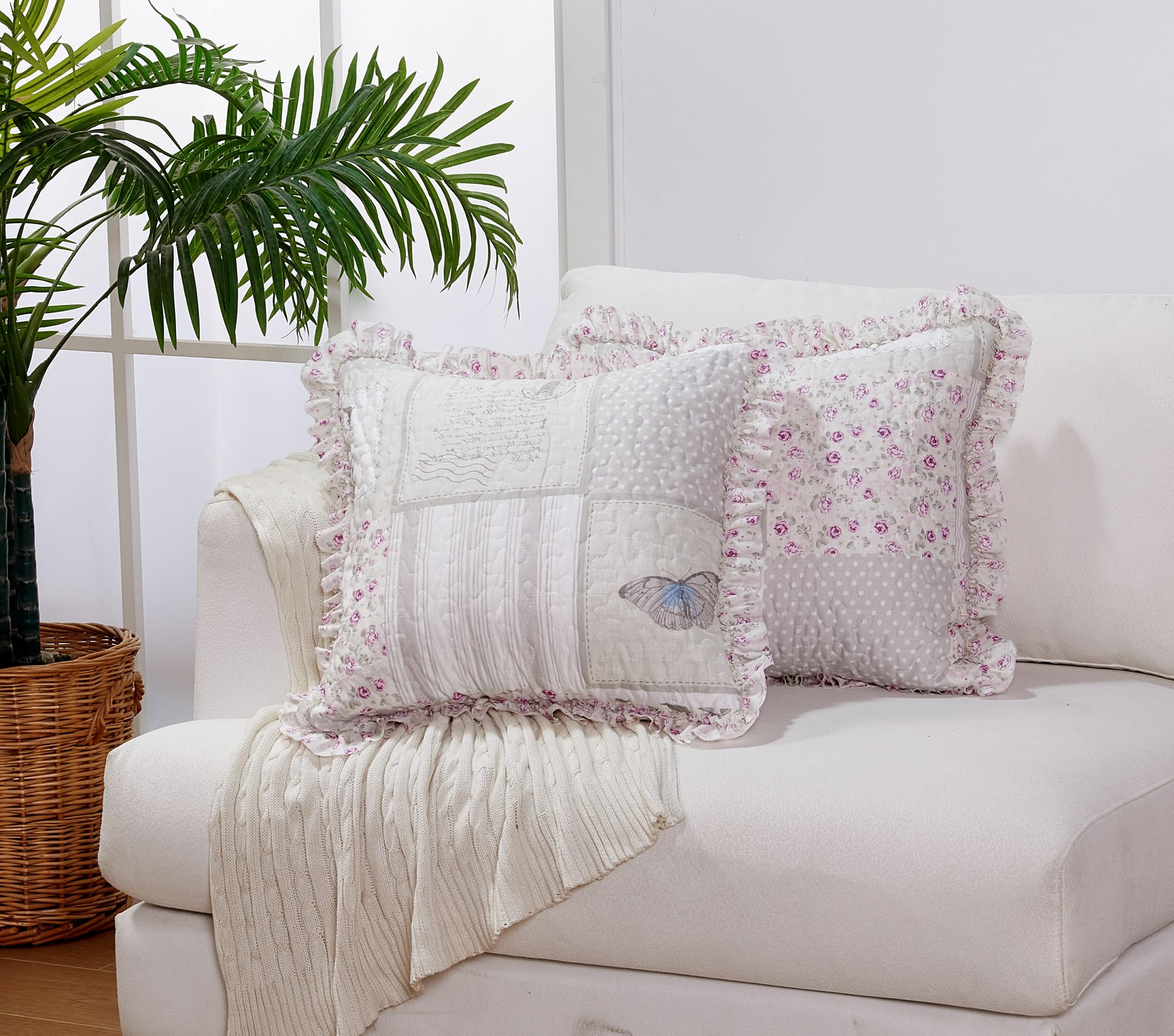 Brilliant Sunshine Traditional Rose and Sage Patchwork Pillowshams Set, Quilted Standard Pillowcases, 20x26 with 2" Flange, Scalloped Edge Pillow Covers, Pack of 2, Pink