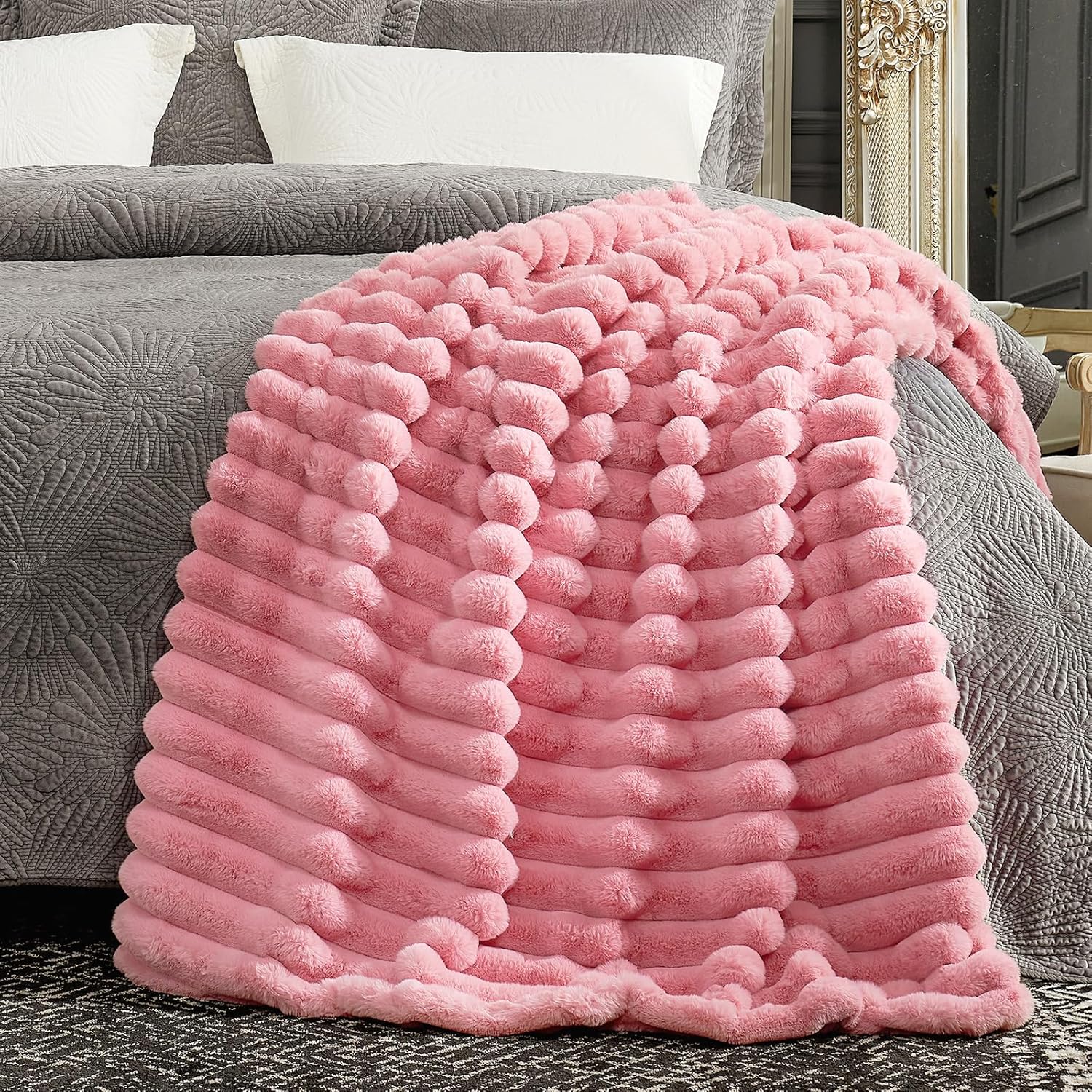 Cozy Bliss Faux Fur Throw Blanket for Couch, Cozy Warm Plush Striped Blanket for Sofa Bedroom Living Room, 50 * 60 Inches Hot Pink