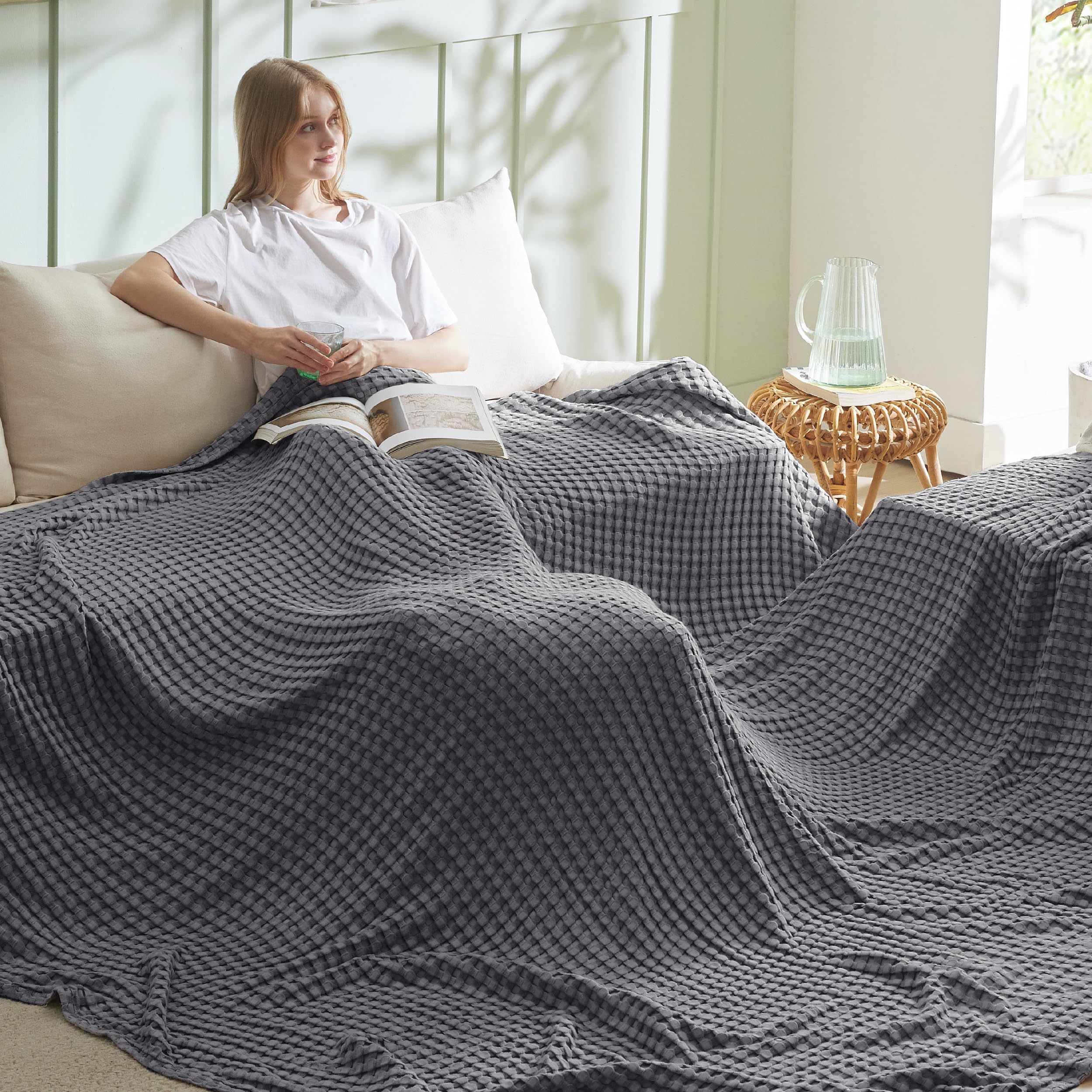 Bedsure Cooling Waffle Queen Size Blanket - Lightweight Cotton Summer Blanket of Rayon Derived from Bamboo for Hot Sleepers, Luxury Throws for Bed, Couch and Sofa, Ivory, 90x90 Inches