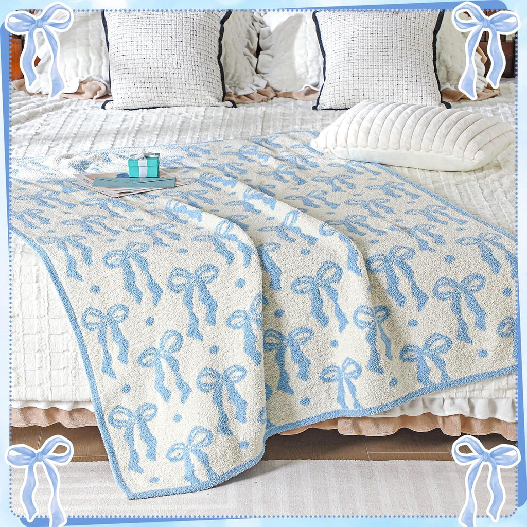 Buryeah Blue Bow Blanket Soft Microfiber Double Sided Bow Throw Blanket 50"x 60" Coquette Aesthetic Plush Bedding Stuff Sofa Chair Dormitory Room Decor for Women, Wedding Bridesmaid Gifts, Mother