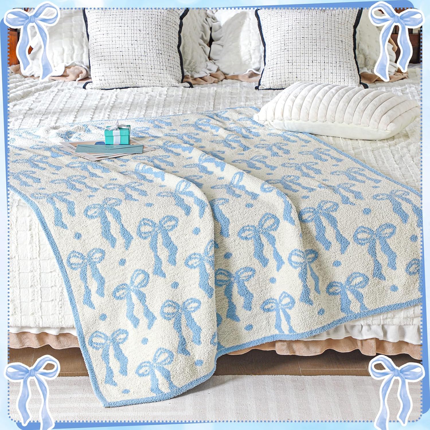 Buryeah Blue Bow Blanket Soft Microfiber Double Sided Bow Throw Blanket 50"x 60" Coquette Aesthetic Plush Bedding Stuff Sofa Chair Dormitory Room Decor for Women, Wedding Bridesmaid Gifts, Mother