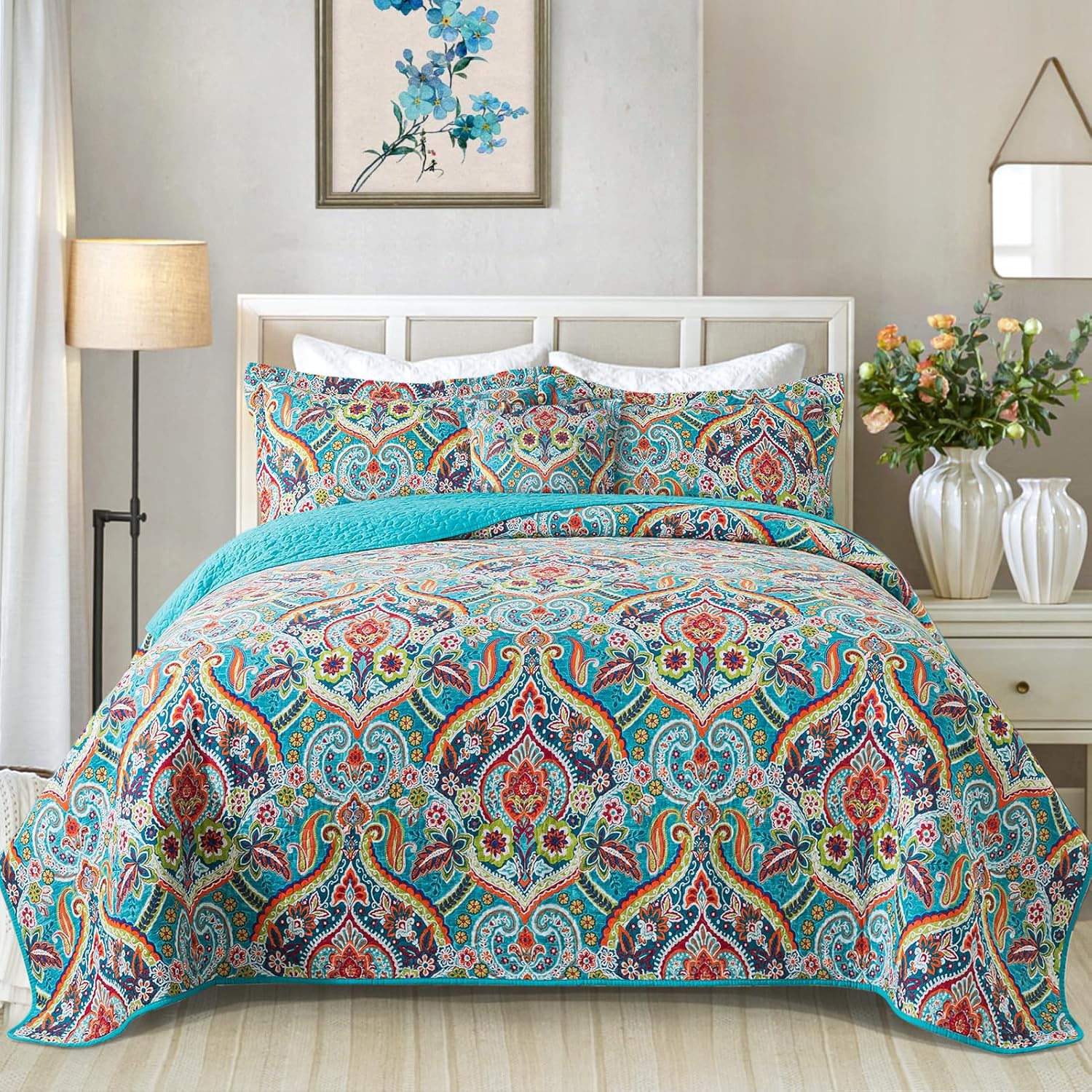 VAPUTAR Quilt King Bedding Set - Soft Cotton Quilts with Paisley Floral Pattern - Lightweight Reversible Bedspreads for Farmhouse (3 Pieces, Bright Teal)