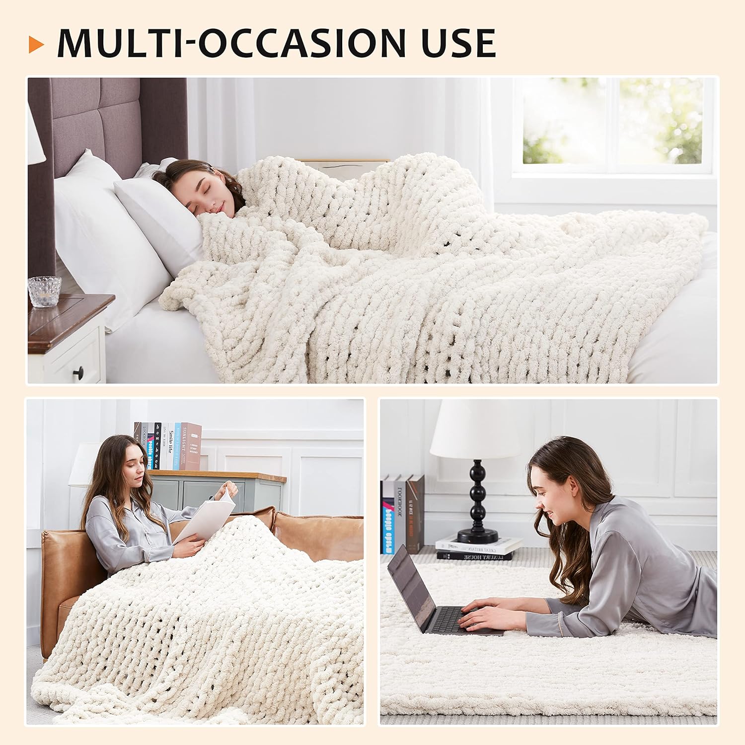 L'AGRATY Chunky Knit Blanket Throw,Soft Chenille Yarn Throw Blanket 50x60，Handmade Cable Knit Crochet Blanket,Large Knit Blankets Chunky Yarn,Rope Knot Throw Blanket for Couch Sofa Bed Home Decor