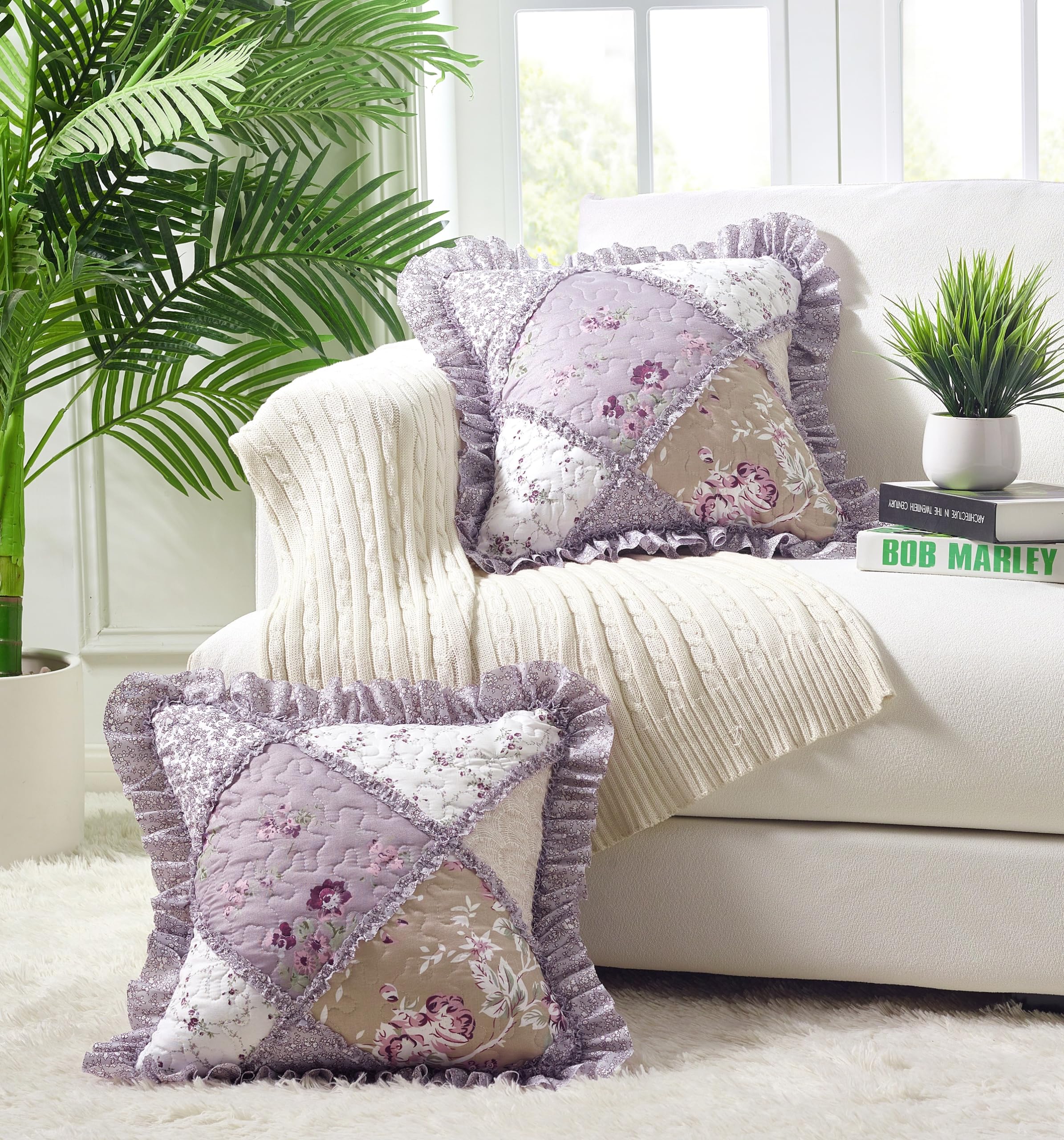 Brilliant Sunshine Traditional Rose and Sage Patchwork Pillowshams Set, Quilted Standard Pillowcases, 20x26 with 2" Flange, Scalloped Edge Pillow Covers, Pack of 2, Pink