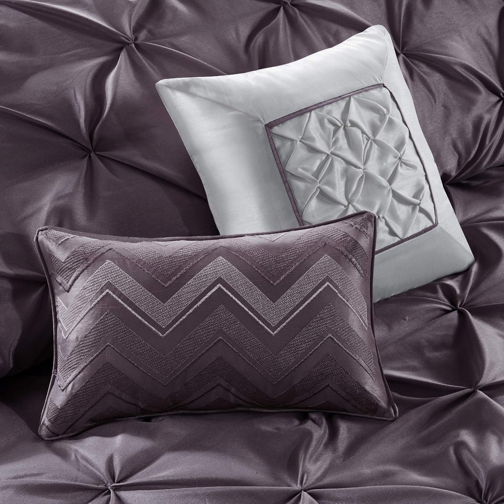 Madison Park Essentials Queen Comforter Set, 24 Piece Bedding With Matching Curtains, Decorative Pillows, Luxe Diamond Tufting , Room in a Bag Joella Collection, Plum Queen