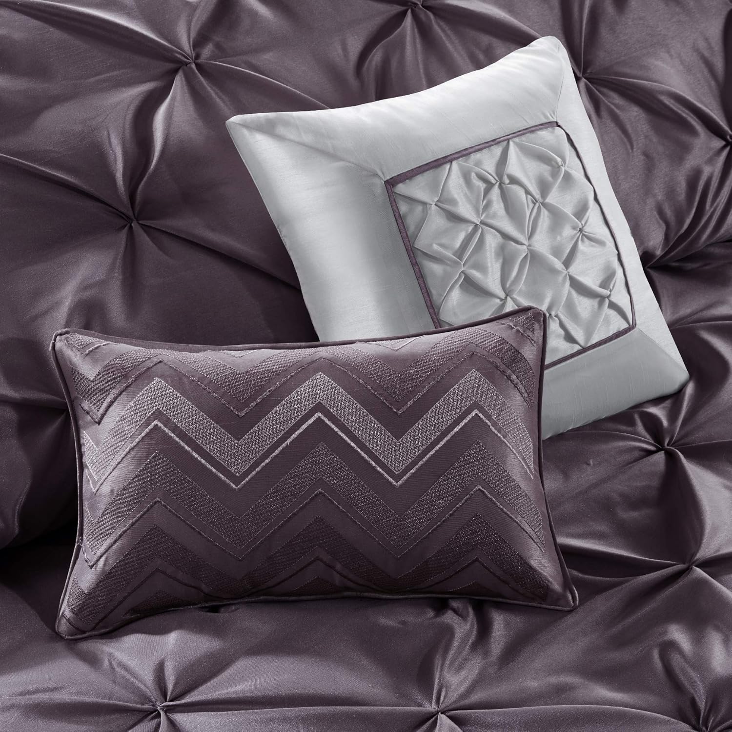 Madison Park Essentials Queen Comforter Set, 24 Piece Bedding With Matching Curtains, Decorative Pillows, Luxe Diamond Tufting , Room in a Bag Joella Collection, Plum Queen