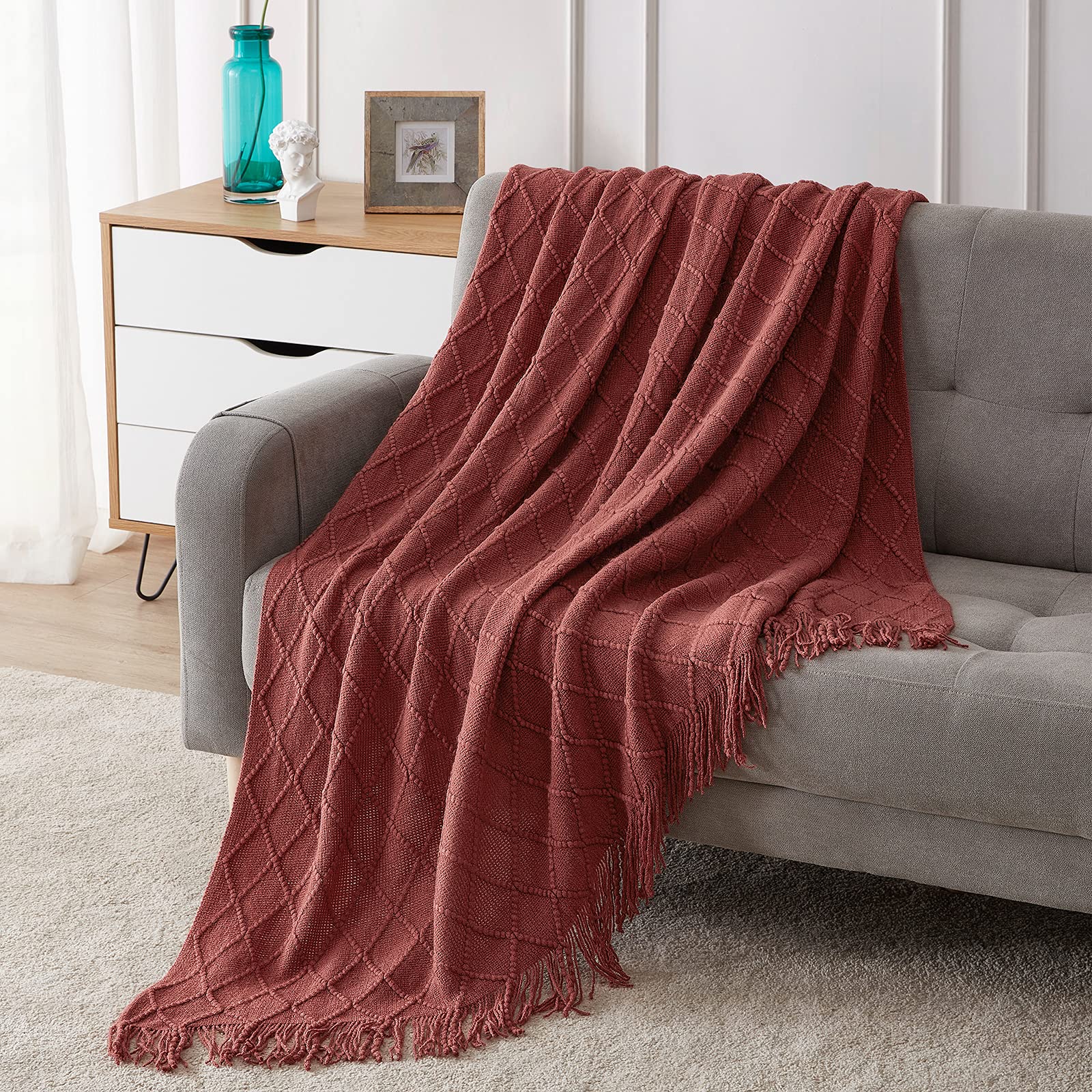 BOURINA Beige Throw Blanket 50x60 Inches Throw Textured Solid Soft Sofa Couch Decorative Knit Blanket