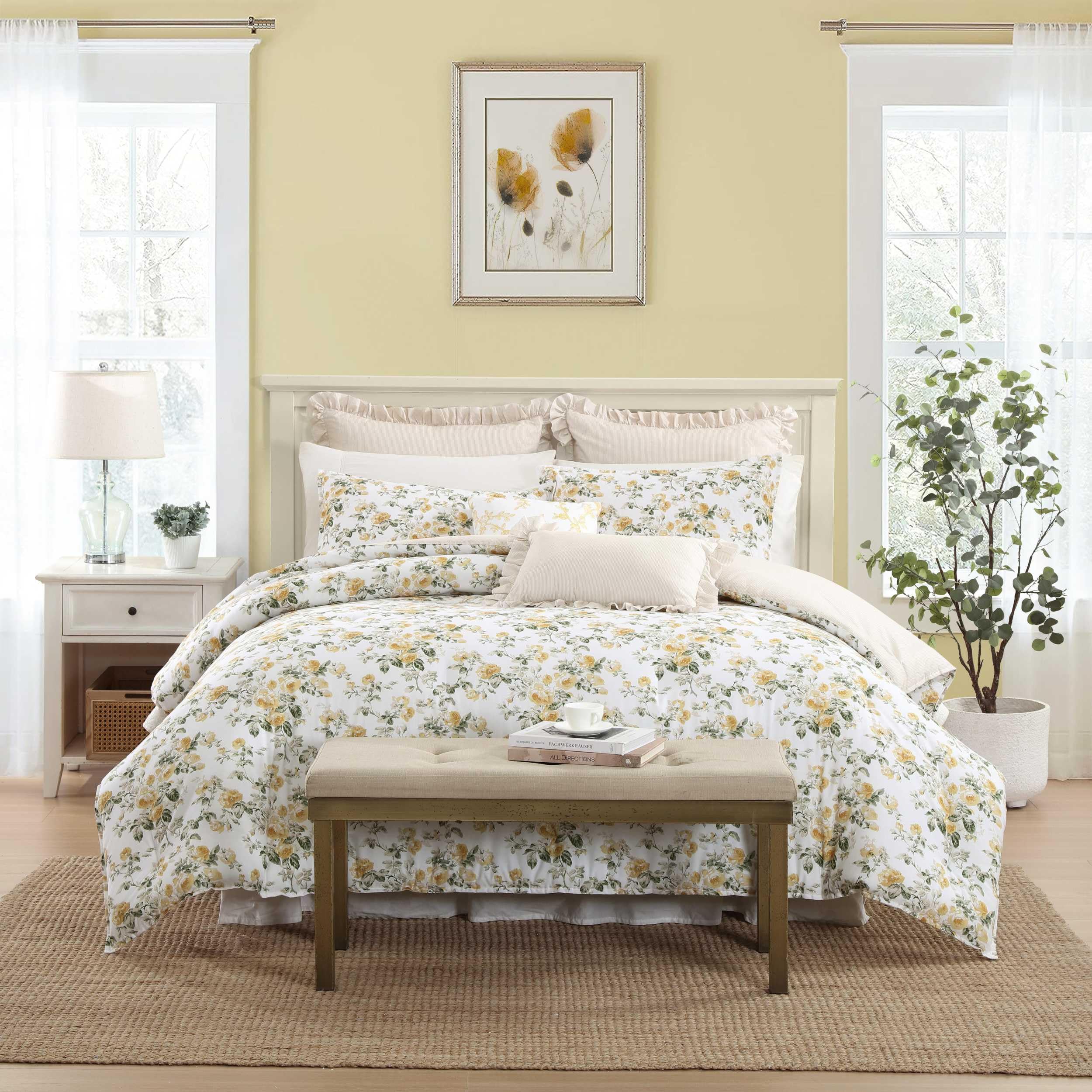 Laura Ashley- King Comforter Set, Cotton Reversible Bedding Set, Includes Matching Shams with Bonus Euro Shams & Throw Pillow Covers (Branch Toile Blue, King)