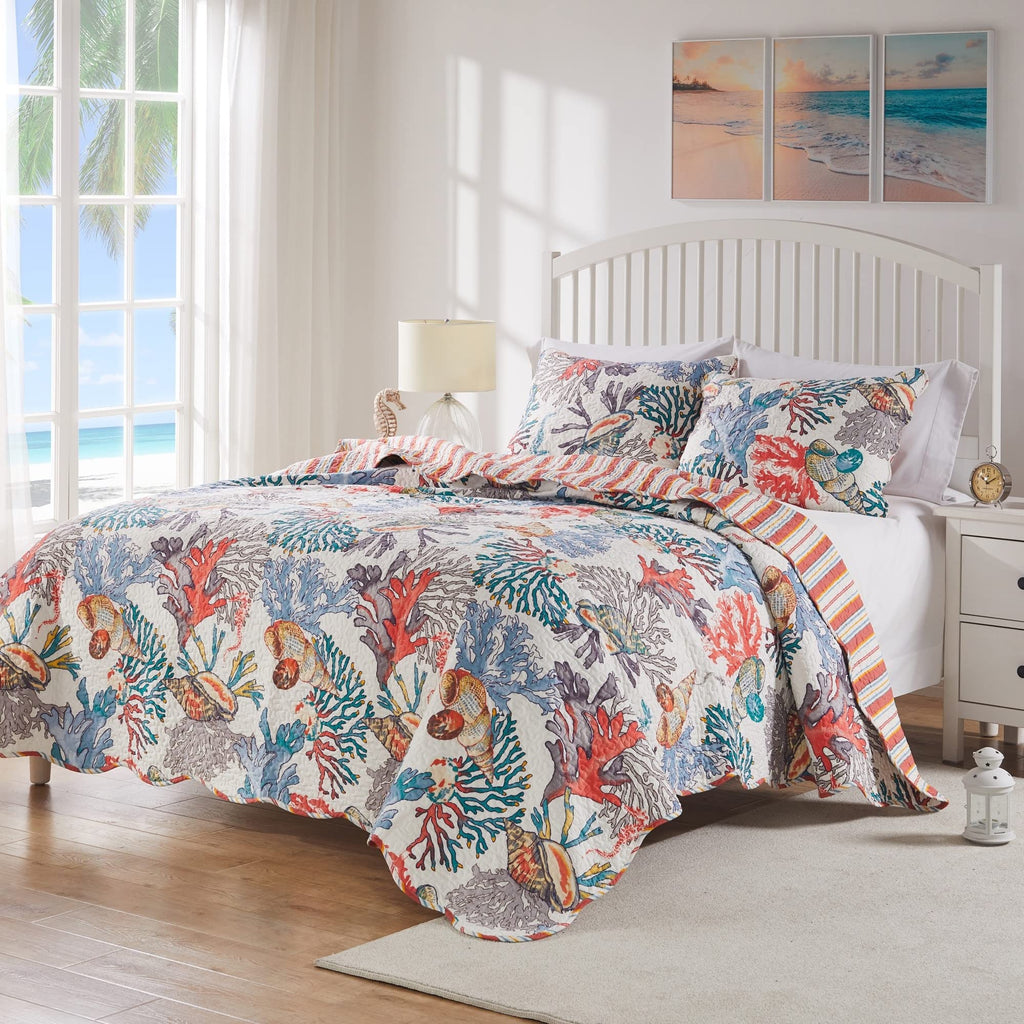 Greenland Home Atlantis Coastal Sea Coral Oversized Reversible Quilt Set, 3-Piece Full/Queen, Jade