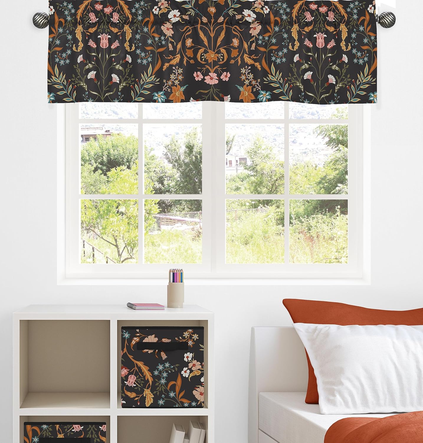 Sweet Jojo Designs Boho Wildflower Vintage Floral Girl Window Valance Curtain Treatment Baby Nursery Kids Room Kitchen Bathroom Bedroom Black Orange Teal Bohemian Farmhouse Daisy Botanical Cottagecore