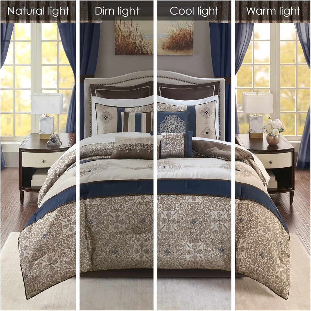 Madison Park Essentials Delaney 24-Piece Room In A Bag Comforter Set-Satin Jacquard All Season Luxury Bedding, Sheets, decorative pillows and Curtains, Valance, King (104 in x 92 in), Medallion Navy