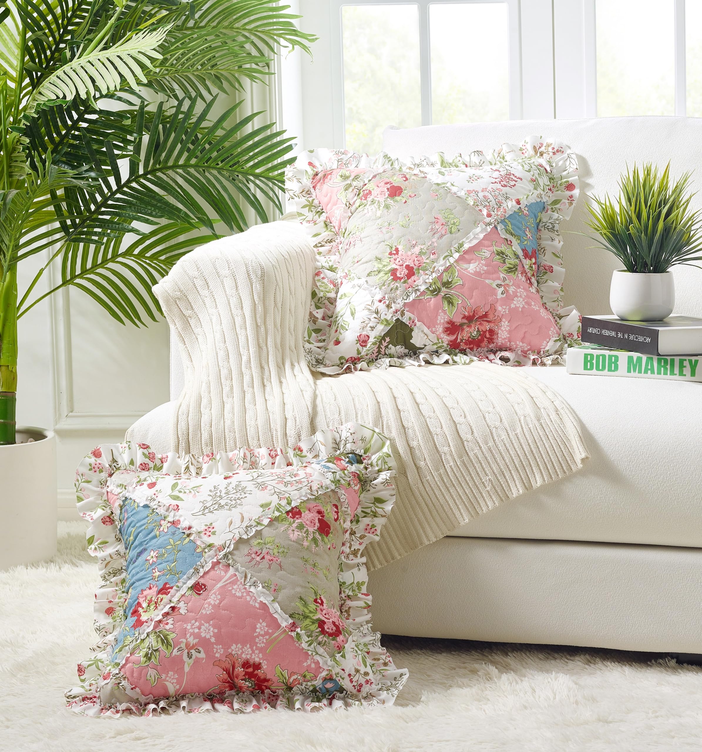 Brilliant Sunshine Traditional Rose and Sage Patchwork Pillowshams Set, Quilted Standard Pillowcases, 20x26 with 2" Flange, Scalloped Edge Pillow Covers, Pack of 2, Pink