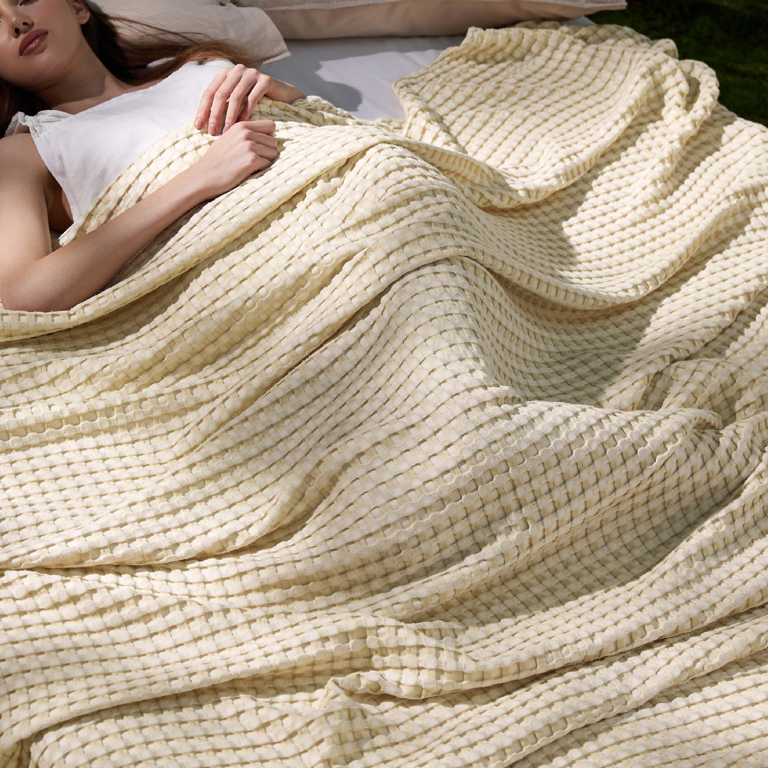 Bedsure Cooling Waffle Queen Size Blanket - Lightweight Cotton Summer Blanket of Rayon Derived from Bamboo for Hot Sleepers, Luxury Throws for Bed, Couch and Sofa, Ivory, 90x90 Inches