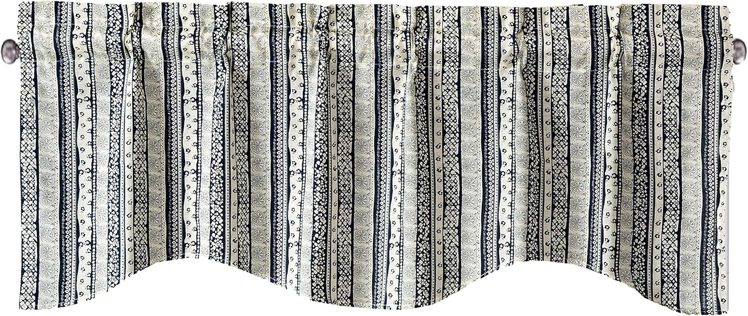 DaDa Bedding Denim Blue Elegance Window Curtain - Semi Sheer Valance Floral Botanical Striped Scalloped Tailored Edge Kitchen Decor - 18" x 52"