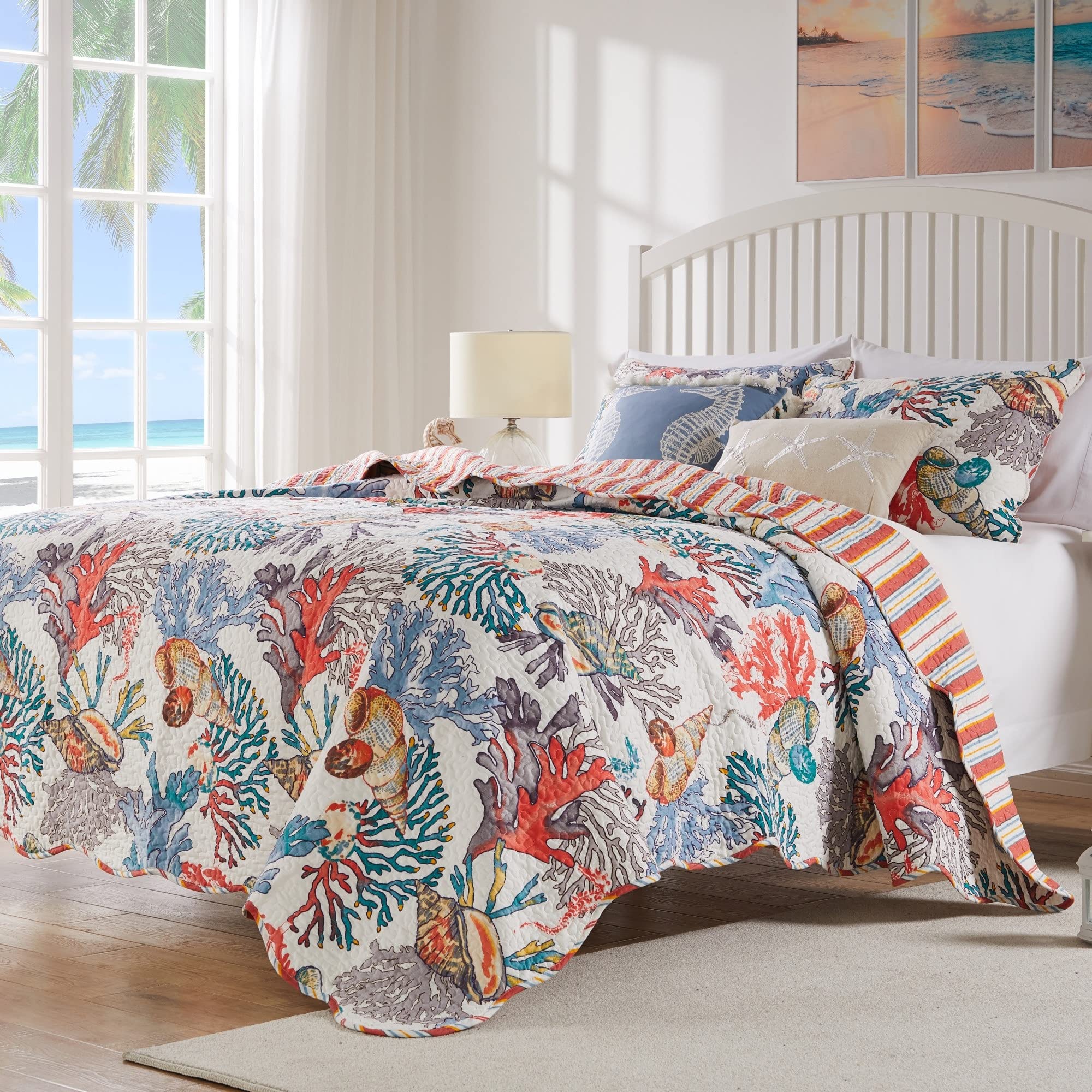 Greenland Home Atlantis Coastal Sea Coral Oversized Reversible Quilt Set, 3-Piece Full/Queen, Jade