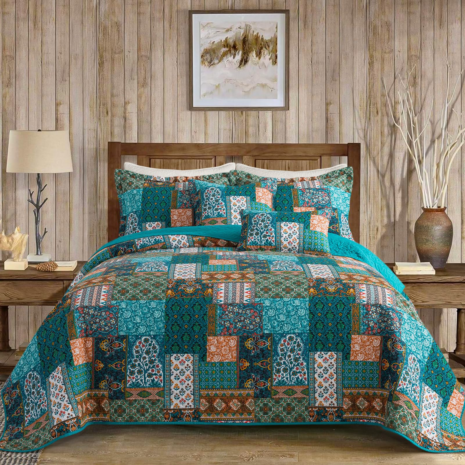 VAPUTAR Quilt King Bedding Set - Soft Cotton Quilts with Paisley Floral Pattern - Lightweight Reversible Bedspreads for Farmhouse (3 Pieces, Bright Teal)