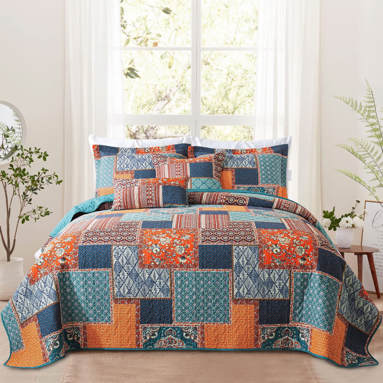 VAPUTAR Quilt King Bedding Set - Soft Cotton Quilts with Paisley Floral Pattern - Lightweight Reversible Bedspreads for Farmhouse (3 Pieces, Bright Teal)