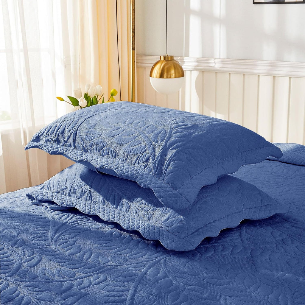 MarCielo 100% Cotton Embroidered Quilted Pillow Shams -Standard - Navy