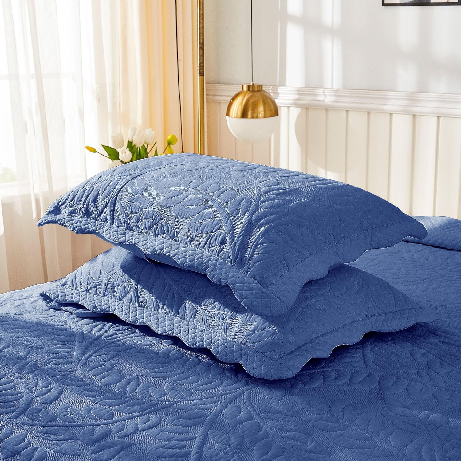 MarCielo 100% Cotton Embroidered Quilted Pillow Shams -Standard - Navy