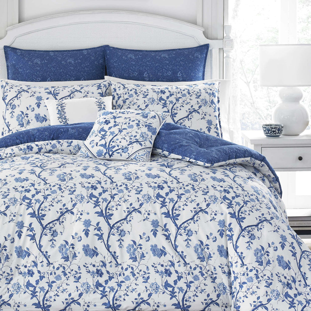 Laura Ashley- King Comforter Set, Cotton Reversible Bedding Set, Includes Matching Shams with Bonus Euro Shams & Throw Pillow Covers (Branch Toile Blue, King)