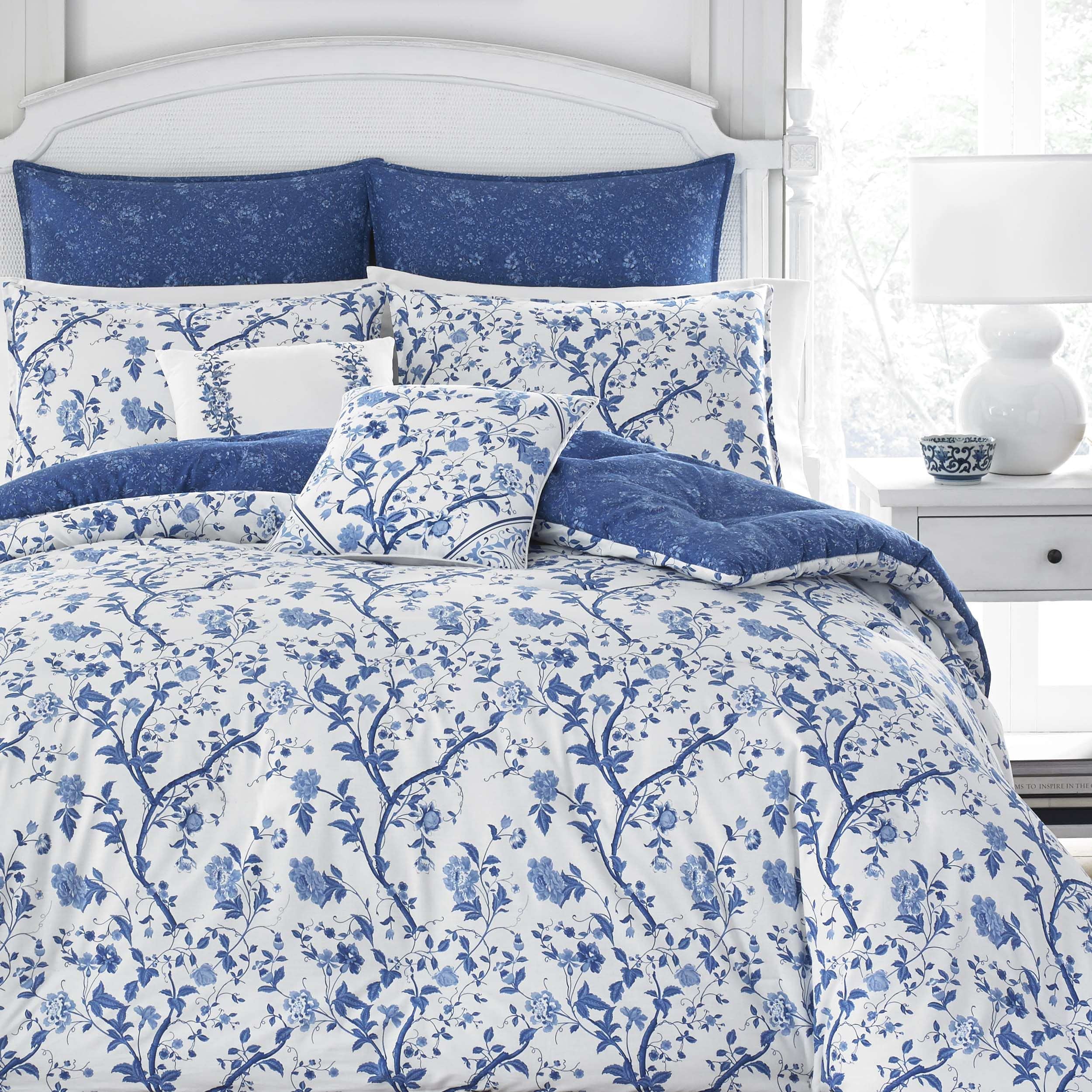 Laura Ashley- King Comforter Set, Cotton Reversible Bedding Set, Includes Matching Shams with Bonus Euro Shams & Throw Pillow Covers (Branch Toile Blue, King)