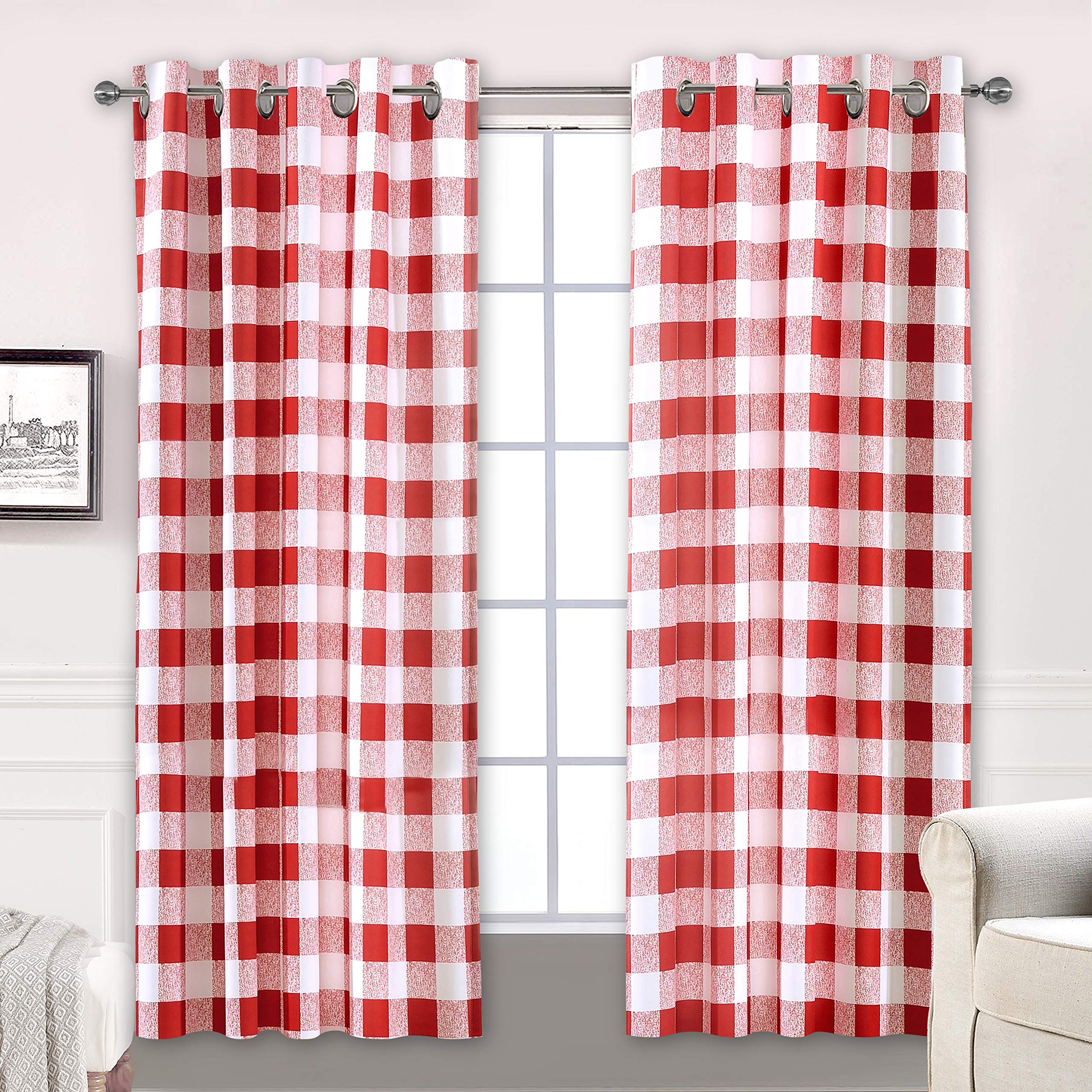 DriftAway Buffalo Plaid Check Curtains Blackout Room Darkening Thermal Insulated Red and White Buffalo Checkered Window Drapes for Farmhouse Bedroom Living Room Grommet Curtain 2 Panels 84 Inch Long