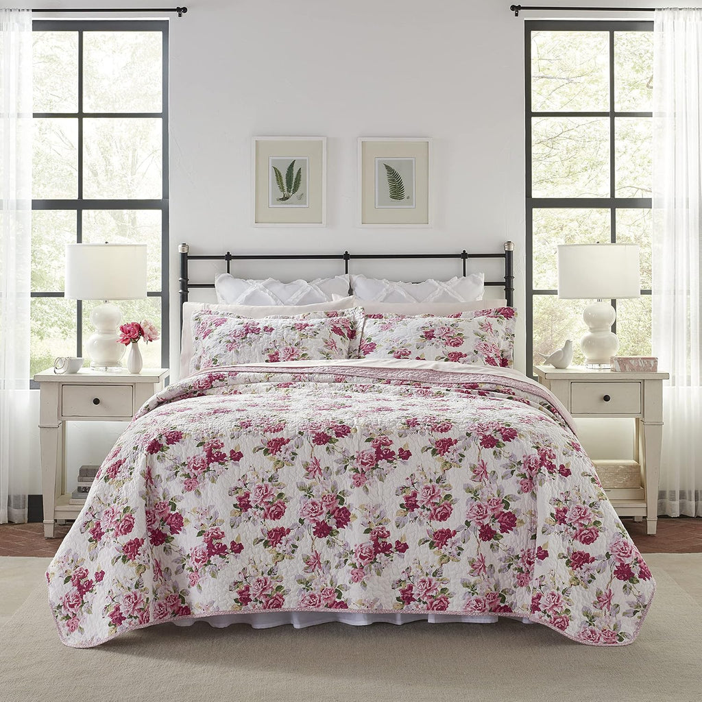 Laura Ashley - Queen Quilt Set, Reversible Cotton Bedding with Matching Shams, Lightweight Home Decor for All Seasons (Lidia Pink, Queen)