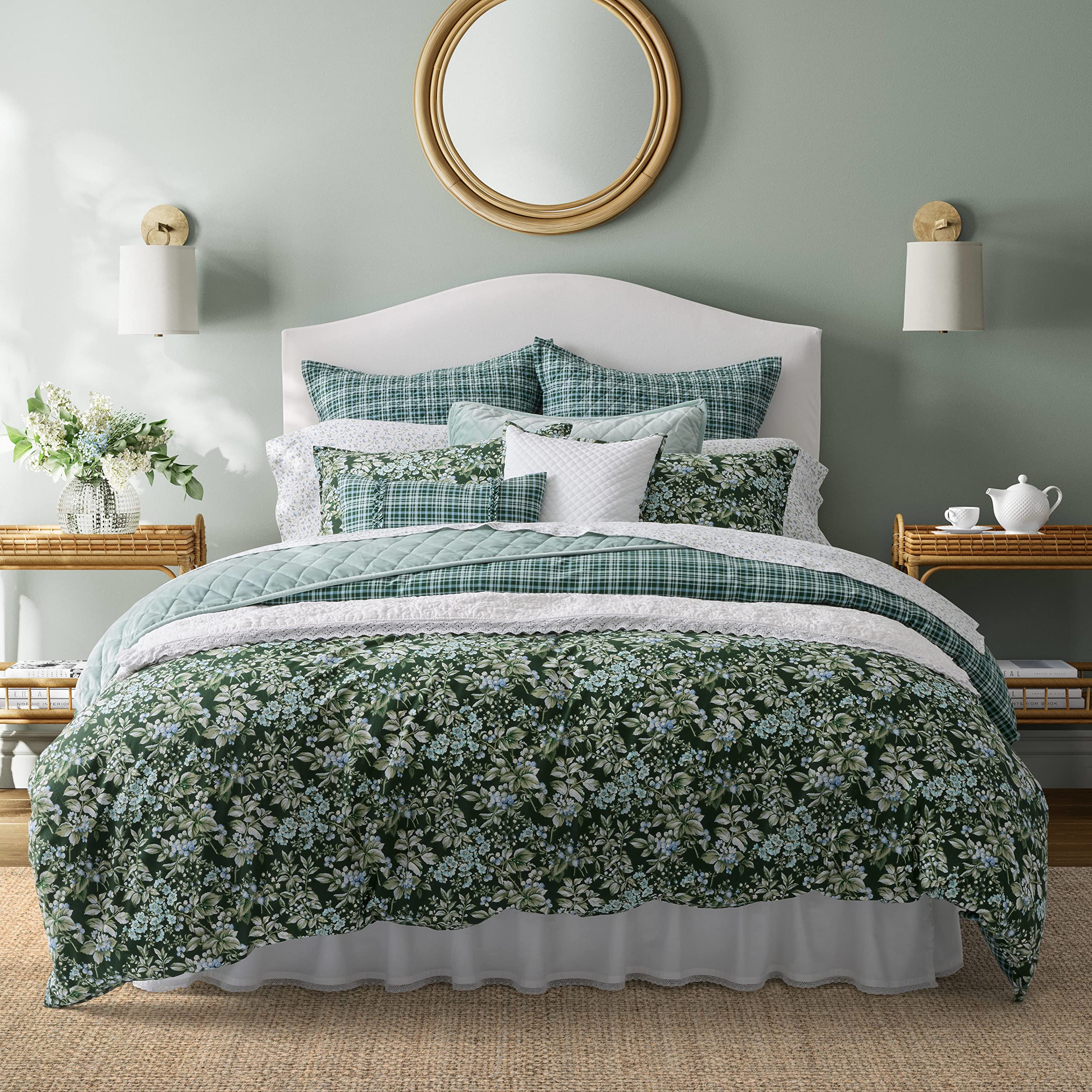 Laura Ashley- King Comforter Set, Cotton Reversible Bedding Set, Includes Matching Shams with Bonus Euro Shams & Throw Pillow Covers (Branch Toile Blue, King)