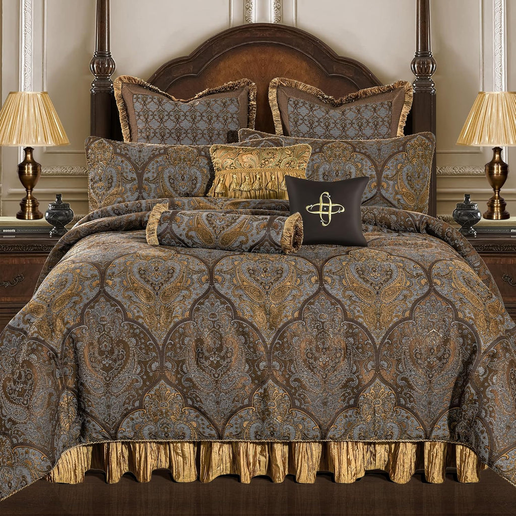 Loom and Mill Jacquard Comforter Set-9 Piece, Luxury Classic Antique Comforter Set King, Ultra Soft Damask Bedding with Euro Shams, Bedskirt, Filled Decorative Pillows(Cambridge, King),Bronze Gold