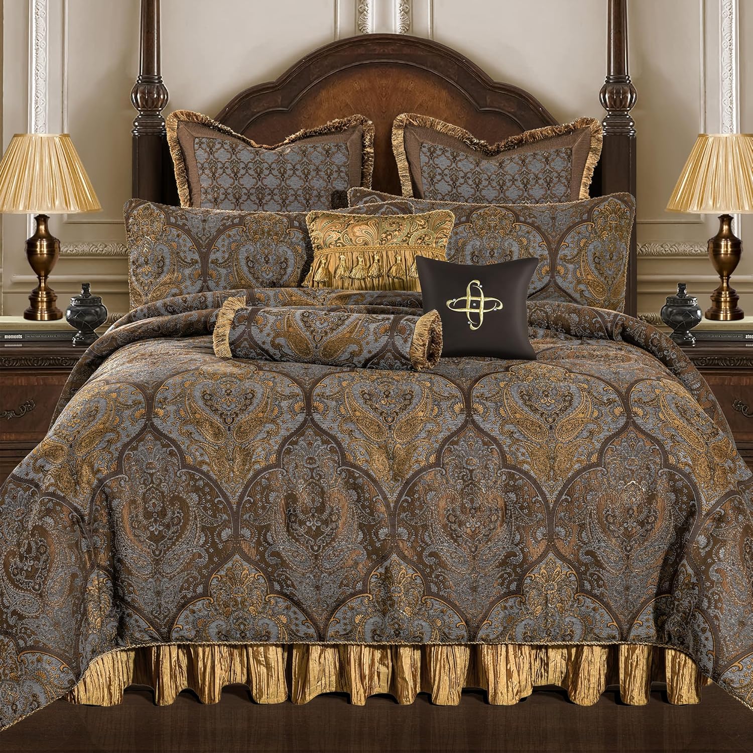 Loom and Mill Jacquard Comforter Set-9 Piece, Luxury Classic Antique Comforter Set King, Ultra Soft Damask Bedding with Euro Shams, Bedskirt, Filled Decorative Pillows(Cambridge, King),Bronze Gold