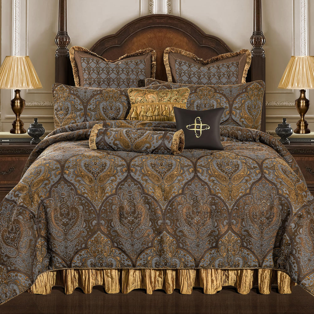 Loom and Mill Jacquard Comforter Set-9 Piece, Luxury Classic Antique Comforter Set King, Ultra Soft Damask Bedding with Euro Shams, Bedskirt, Filled Decorative Pillows(Cambridge, King),Bronze Gold