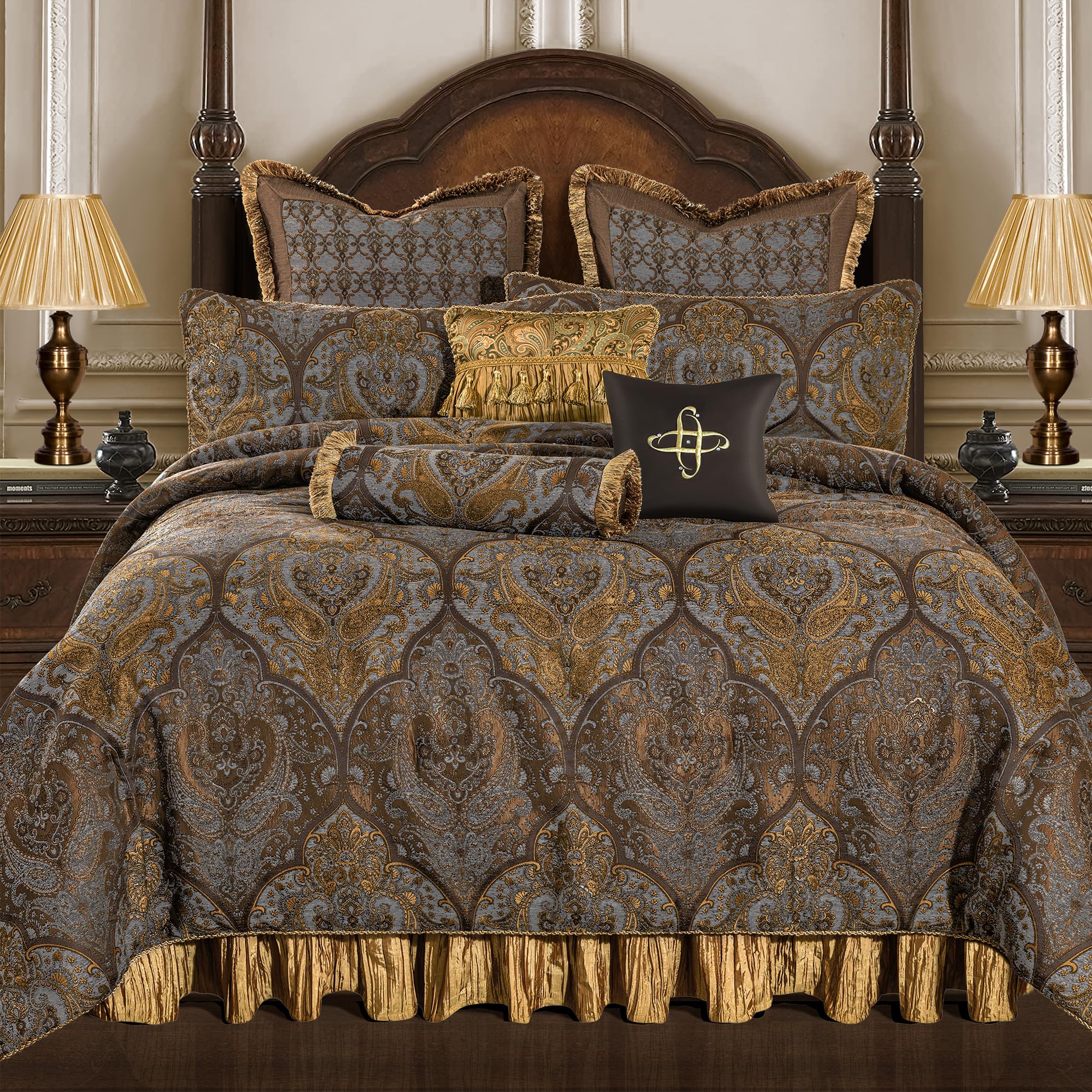 Loom and Mill Jacquard Comforter Set-9 Piece, Luxury Classic Antique Comforter Set King, Ultra Soft Damask Bedding with Euro Shams, Bedskirt, Filled Decorative Pillows(Cambridge, King),Bronze Gold