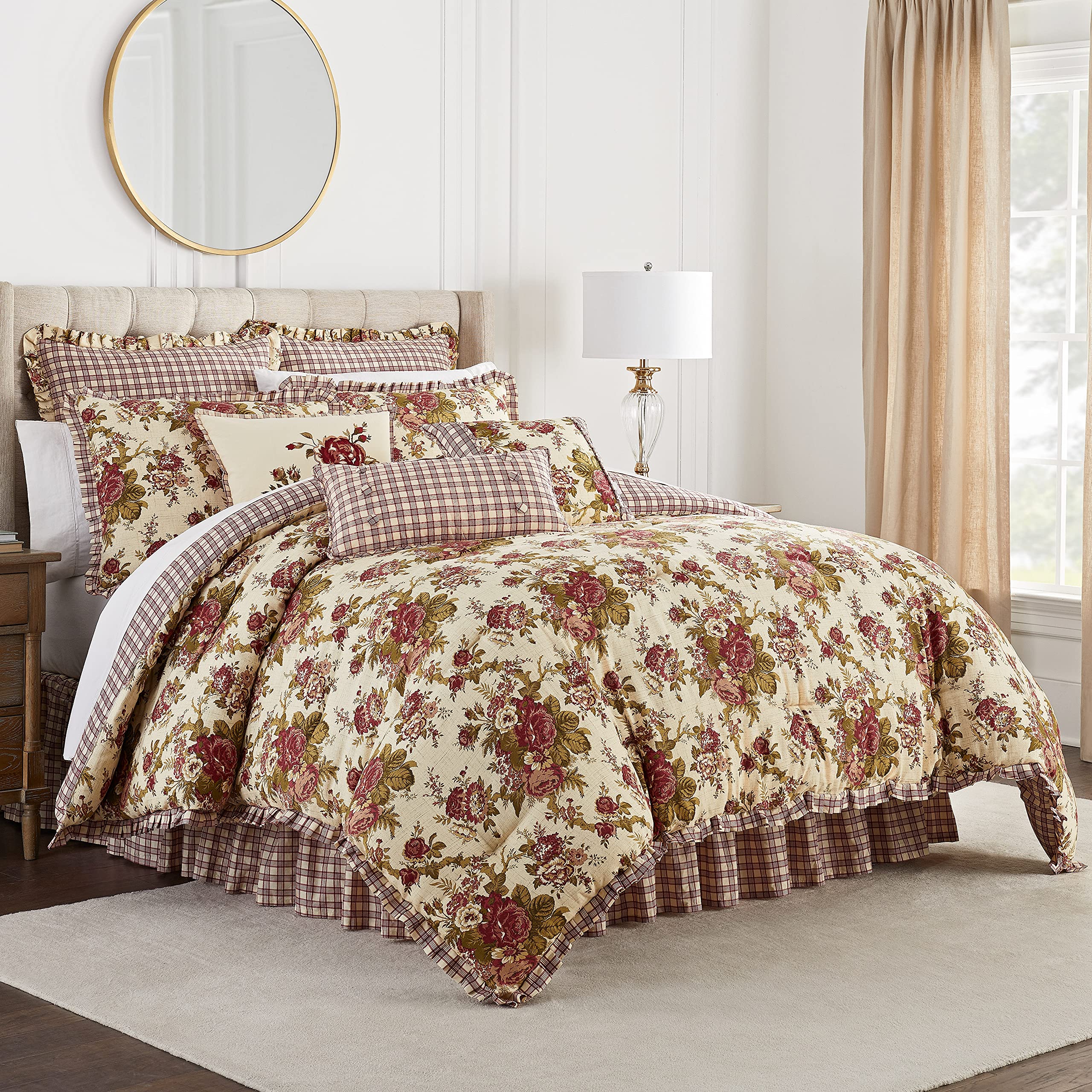 Waverly Charleston Chirp 4 Piece Quilt Set - 100% Cotton Light Weight Bedding with Bed Skirt & 2 Pillow Shams - Full/Queen Papaya