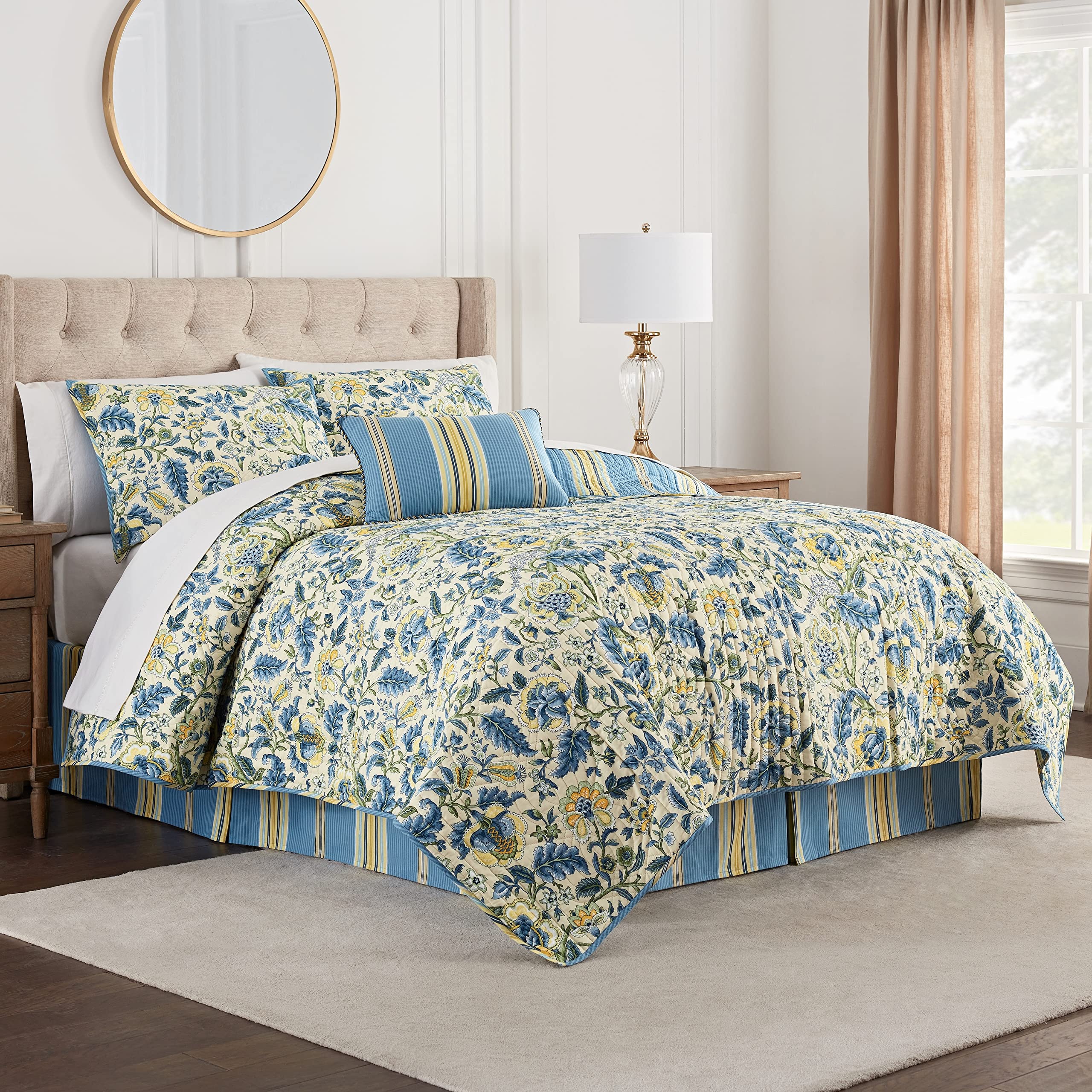 Waverly Charleston Chirp 4 Piece Quilt Set - 100% Cotton Light Weight Bedding with Bed Skirt & 2 Pillow Shams - Full/Queen Papaya