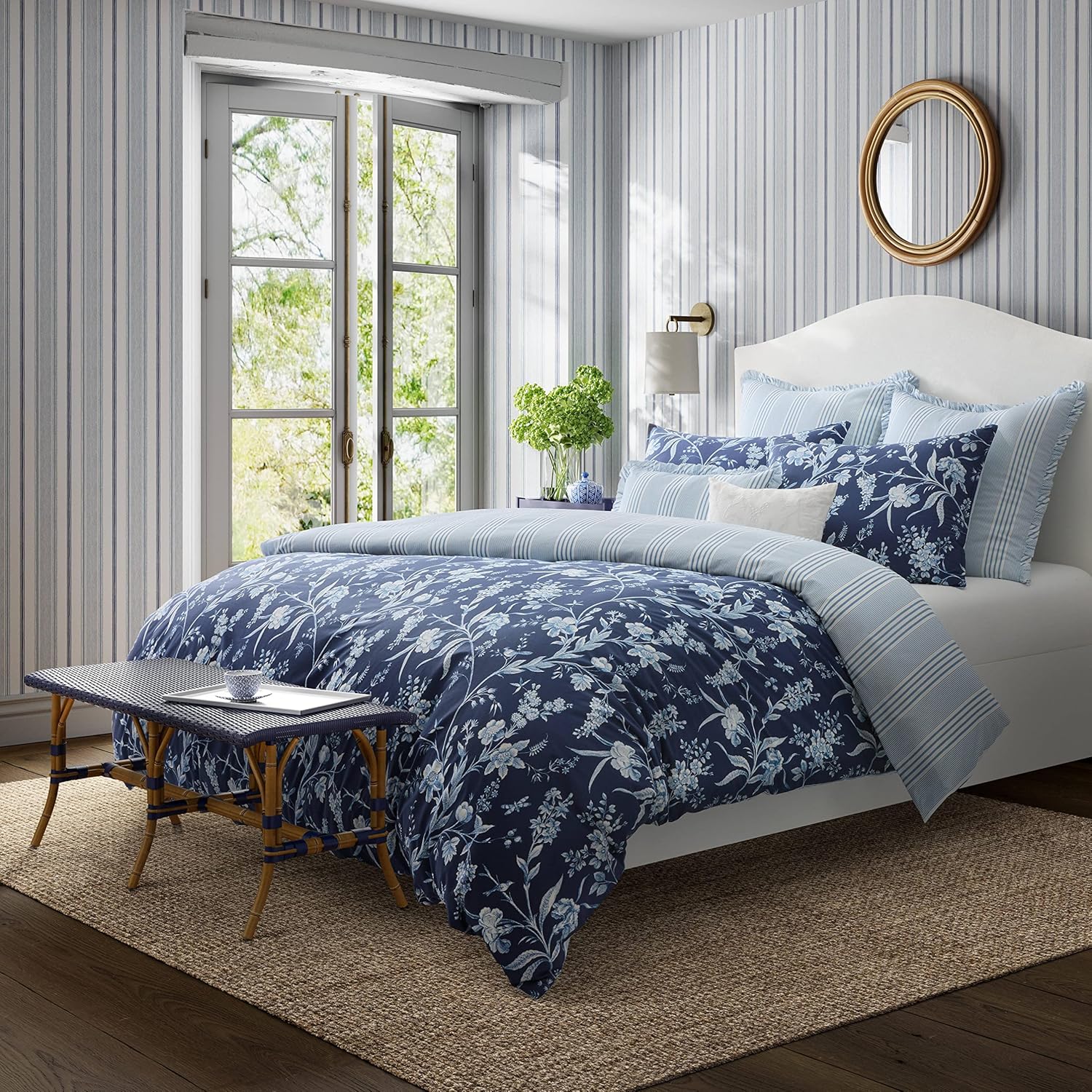 Laura Ashley- King Comforter Set, Cotton Reversible Bedding Set, Includes Matching Shams with Bonus Euro Shams & Throw Pillow Covers (Branch Toile Blue, King)