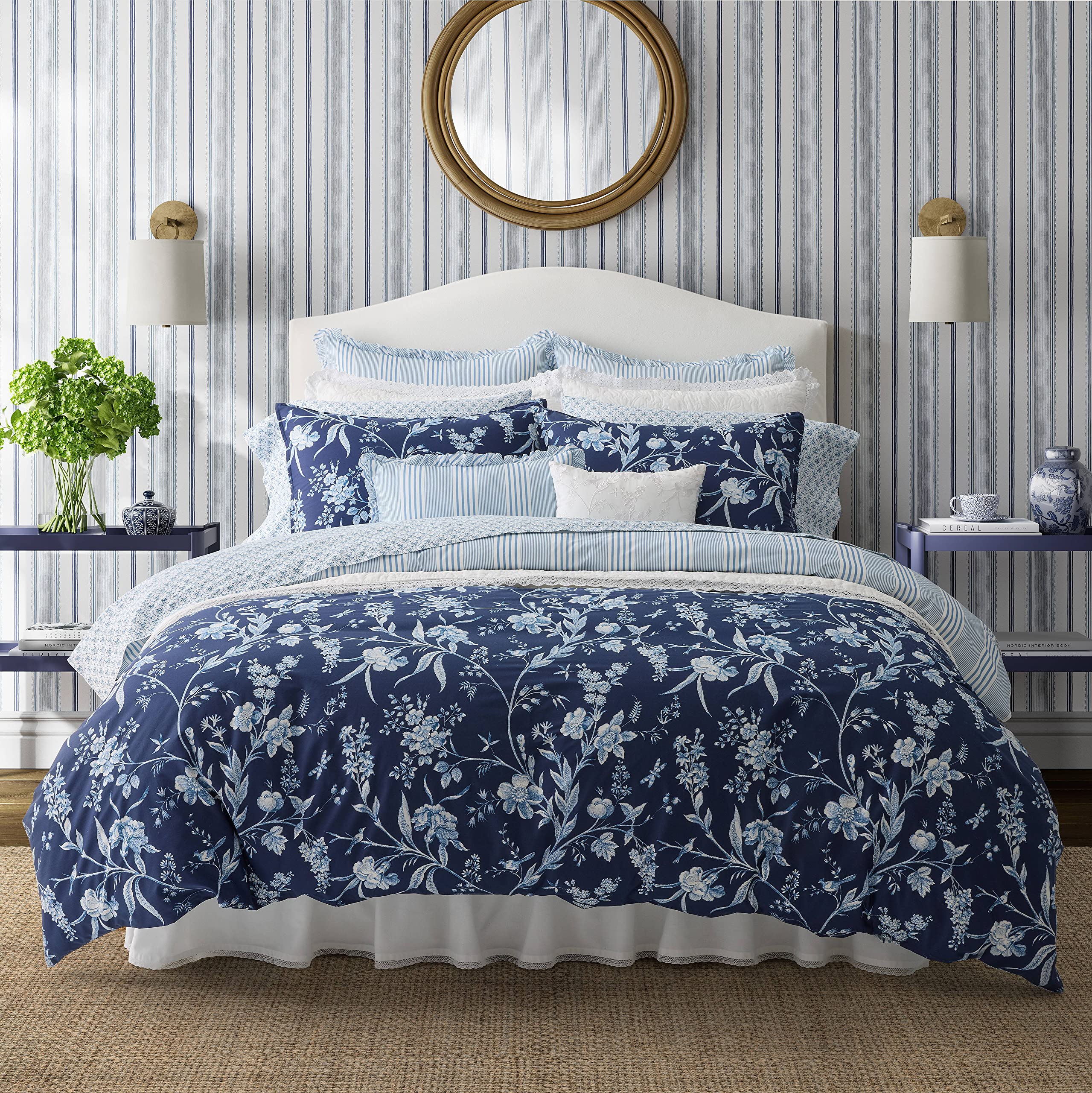 Laura Ashley- King Comforter Set, Cotton Reversible Bedding Set, Includes Matching Shams with Bonus Euro Shams & Throw Pillow Covers (Branch Toile Blue, King)