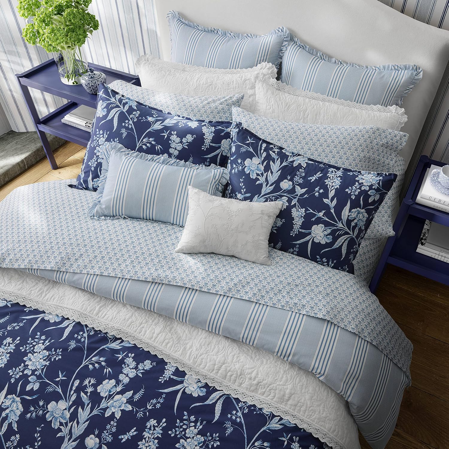 Laura Ashley- King Comforter Set, Cotton Reversible Bedding Set, Includes Matching Shams with Bonus Euro Shams & Throw Pillow Covers (Branch Toile Blue, King)
