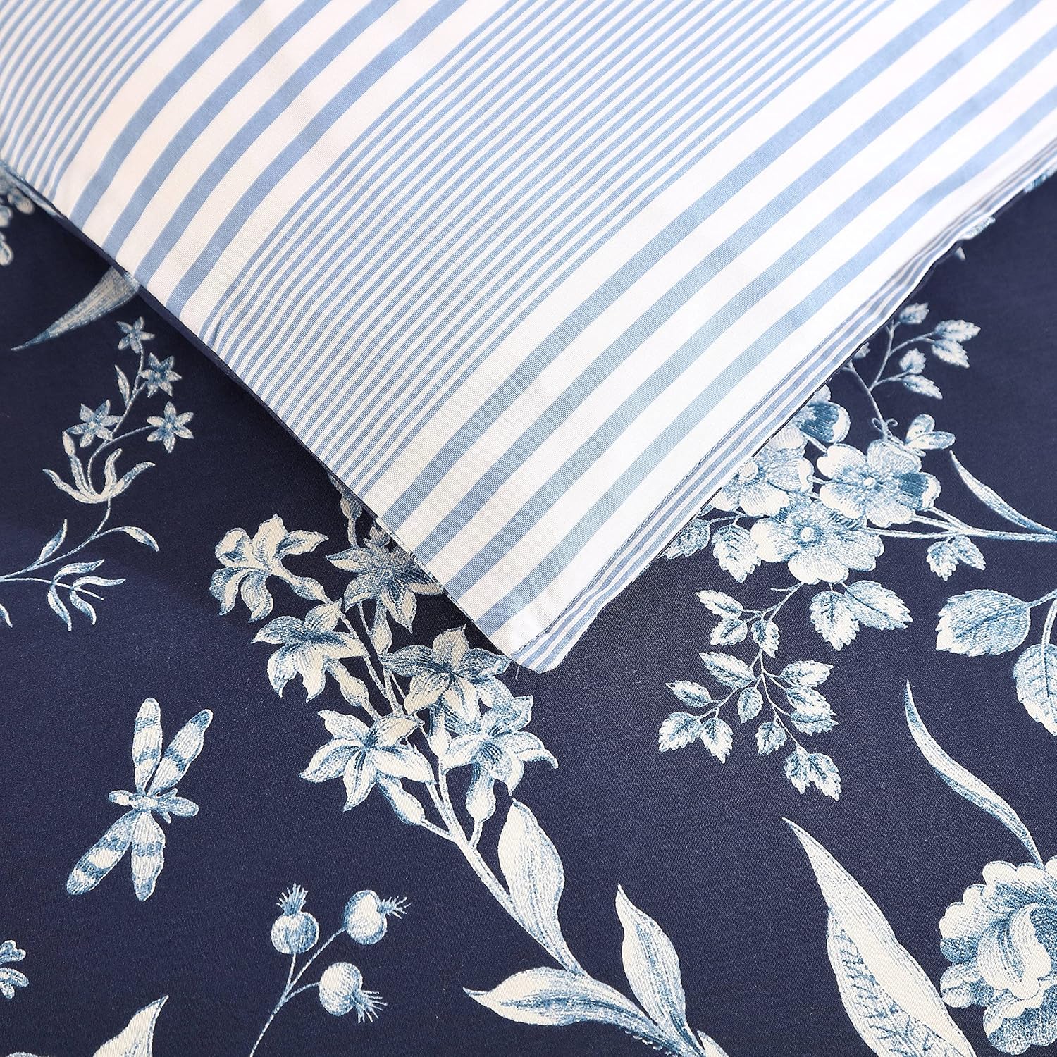 Laura Ashley- King Comforter Set, Cotton Reversible Bedding Set, Includes Matching Shams with Bonus Euro Shams & Throw Pillow Covers (Branch Toile Blue, King)