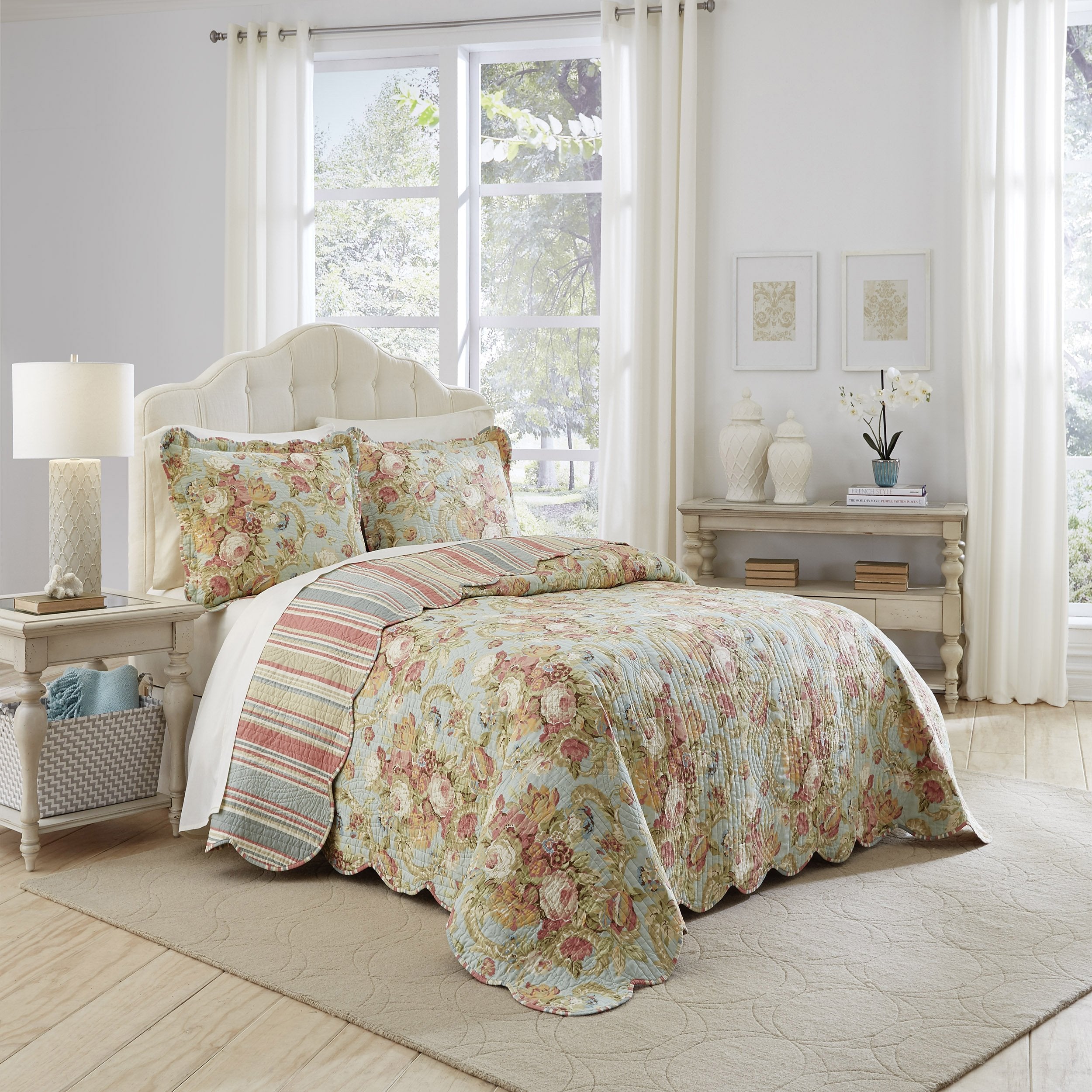 Waverly Charleston Chirp 4 Piece Quilt Set - 100% Cotton Light Weight Bedding with Bed Skirt & 2 Pillow Shams - Full/Queen Papaya