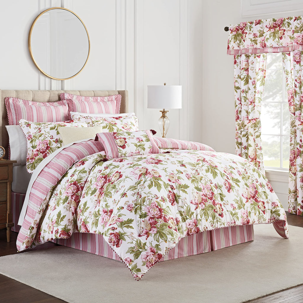 Waverly Charleston Chirp 4 Piece Quilt Set - 100% Cotton Light Weight Bedding with Bed Skirt & 2 Pillow Shams - Full/Queen Papaya