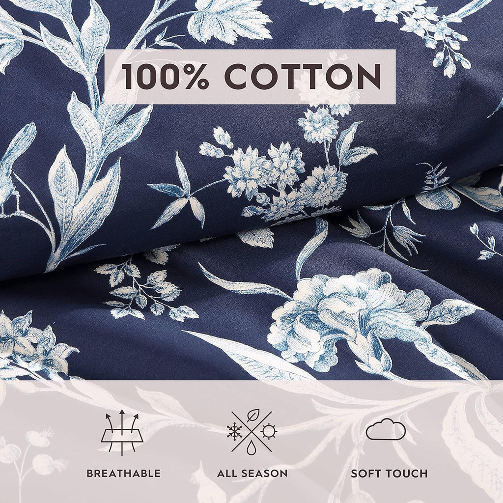 Laura Ashley- King Comforter Set, Cotton Reversible Bedding Set, Includes Matching Shams with Bonus Euro Shams & Throw Pillow Covers (Branch Toile Blue, King)